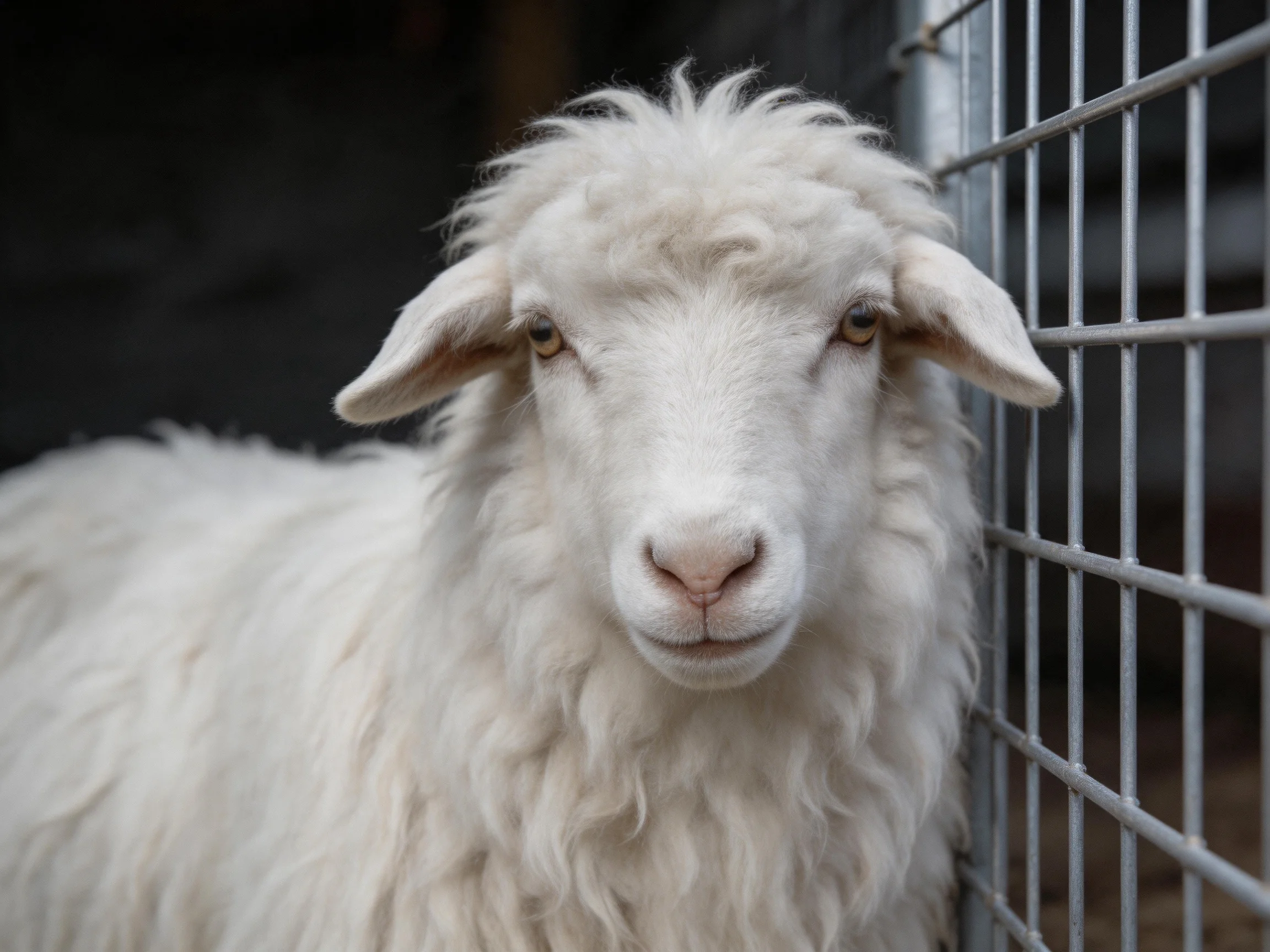 A fluffy white sheep stands beside a metallic wire fence