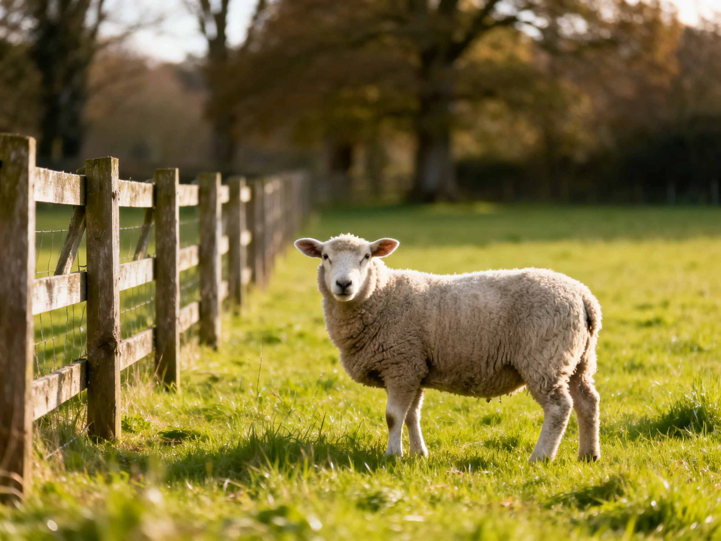 A fluffy white sheep stands beside a wooden fence in a sunlit pasture