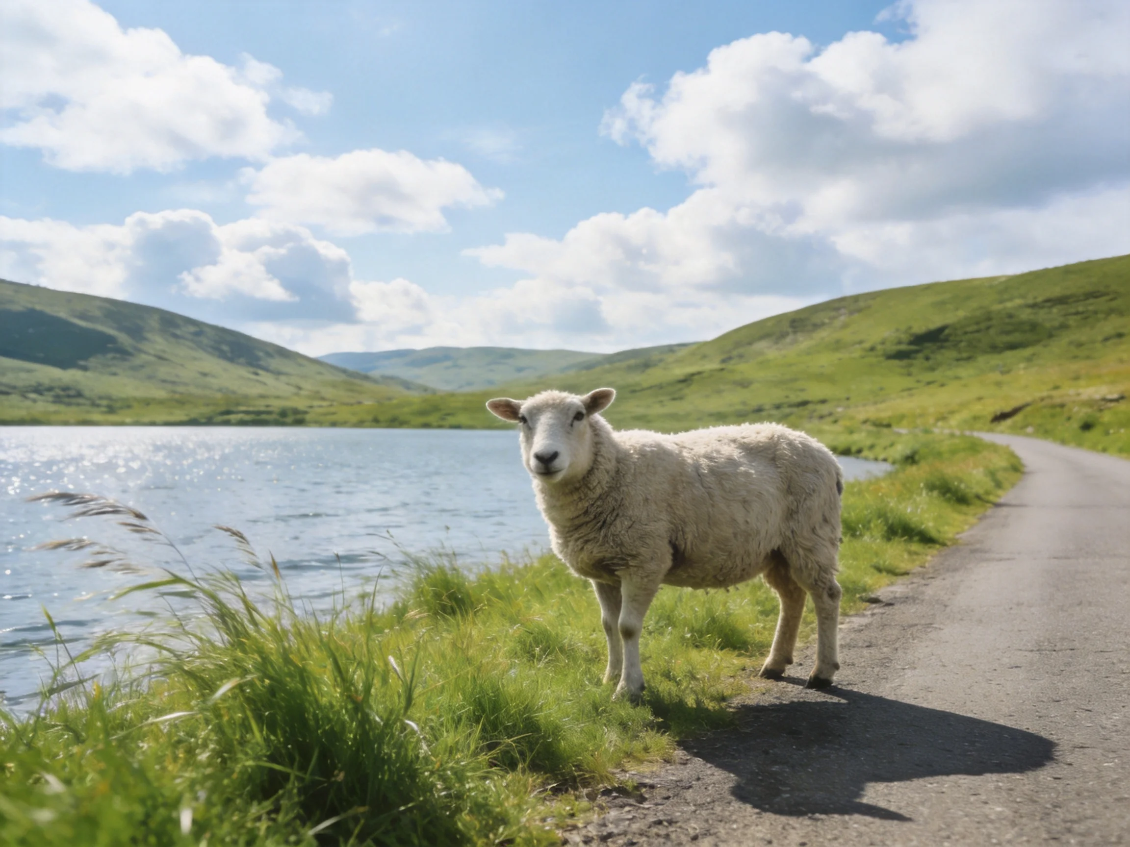 A fluffy white sheep stands by a serene lakeside path