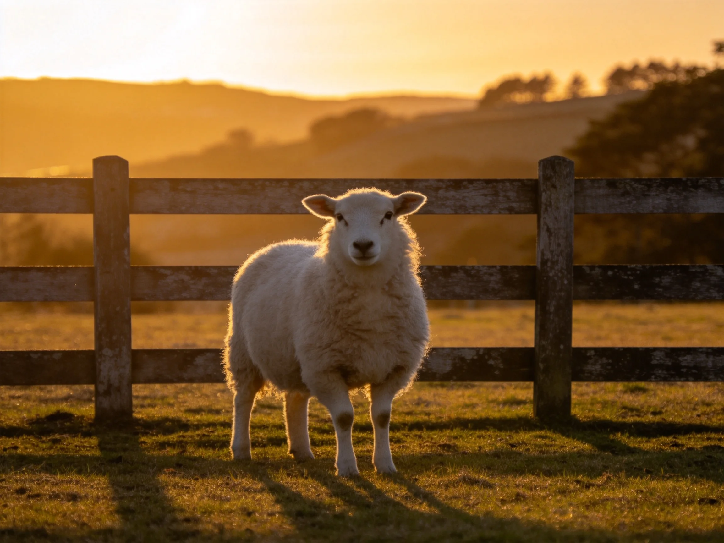 A fluffy white sheep stands by a weathered wooden fence at golden hour