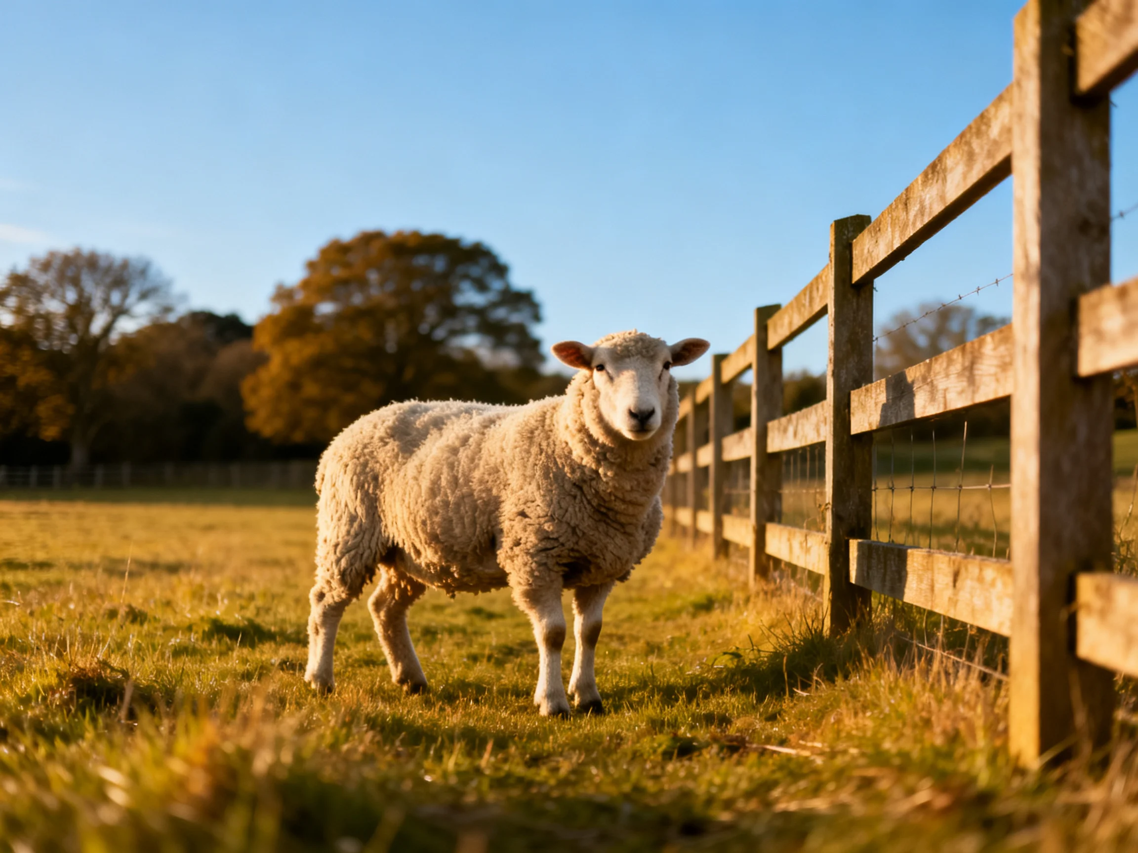 A fluffy white sheep stands by a wooden fence in golden sunlight