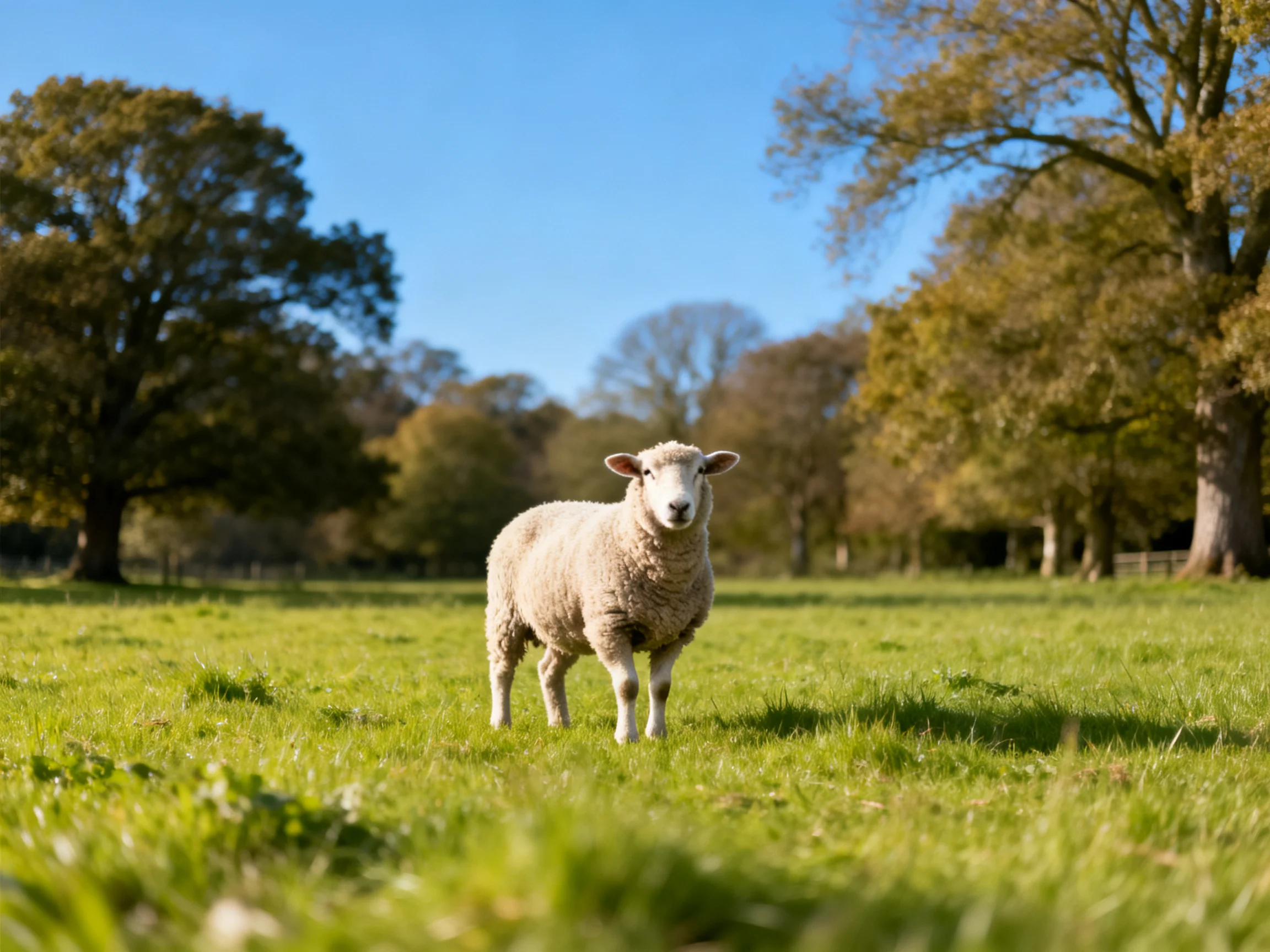 A single sheep stands in a sunlit meadow with trees in the background.