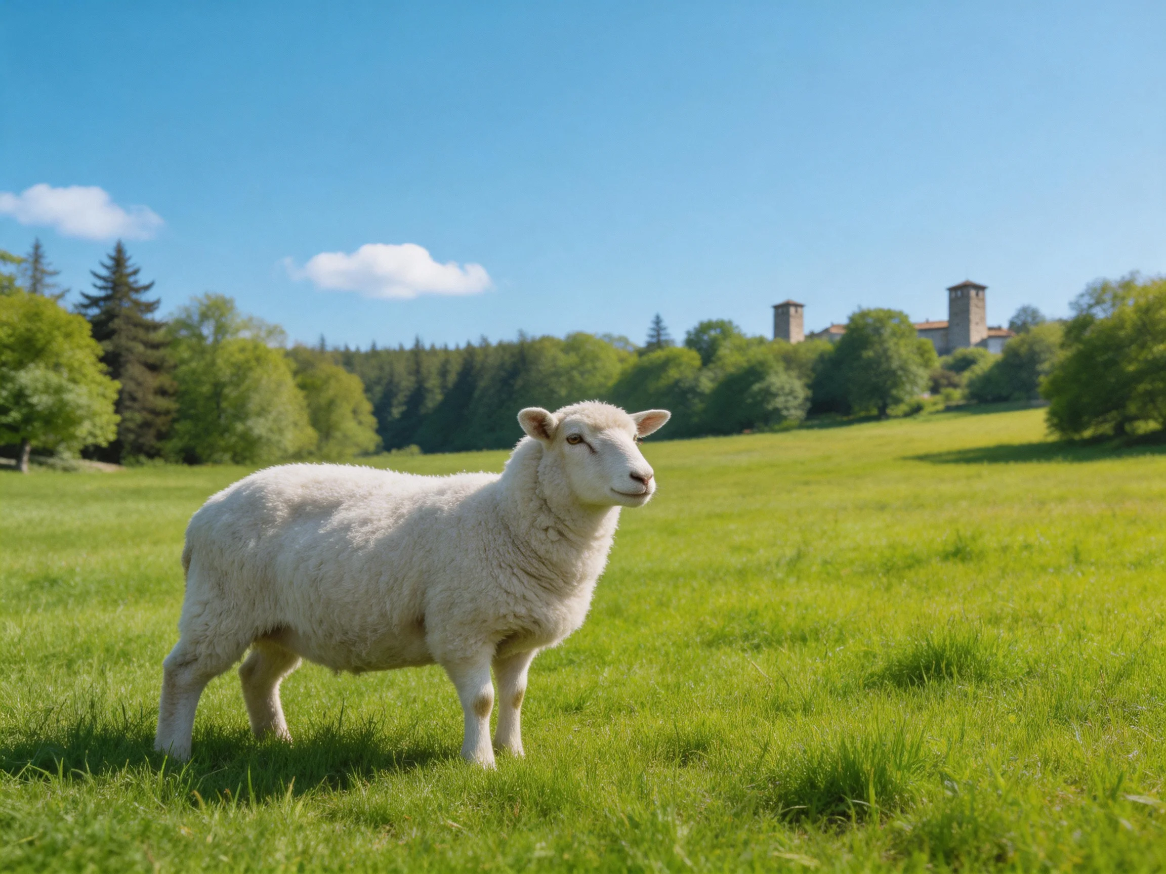 A sheep stands in a verdant meadow with historic structures under a clear blue sky.