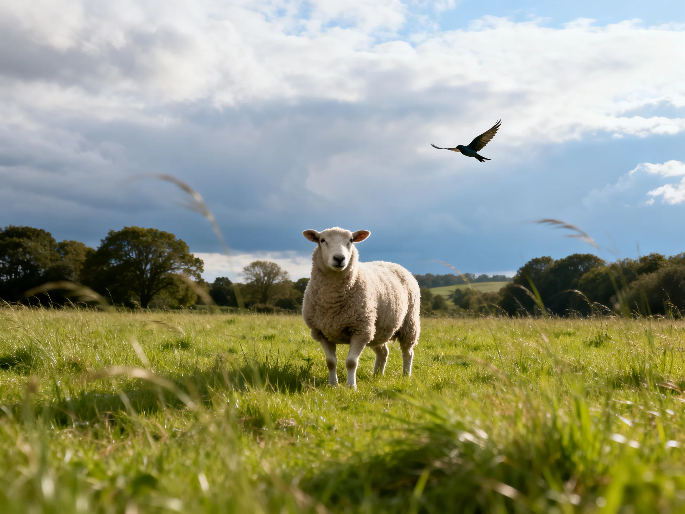A sheep stands in a grassy field with a bird flying nearby under a partly cloudy sky.