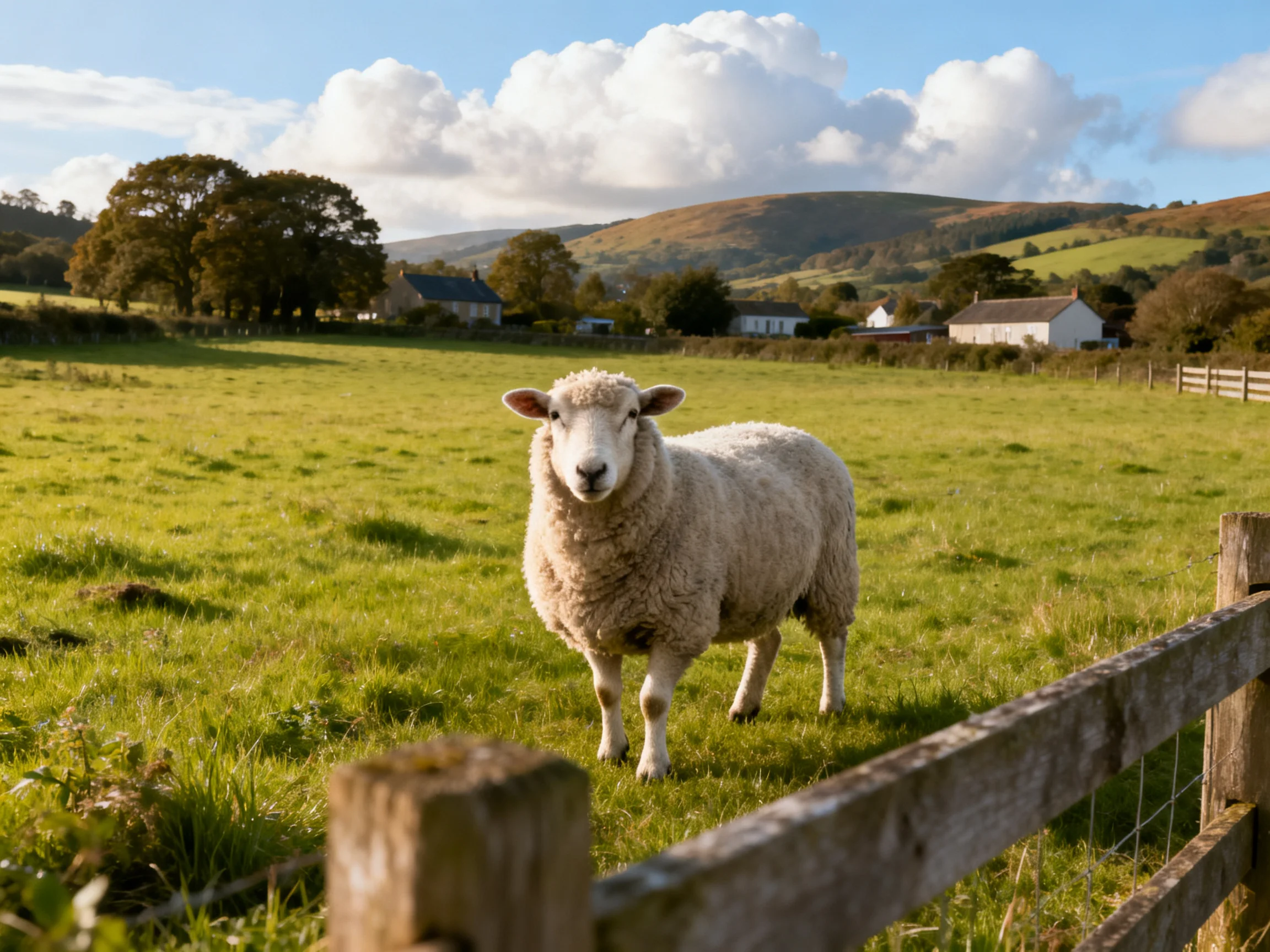 A sheep stands in a sunlit green pasture near a wooden fence.