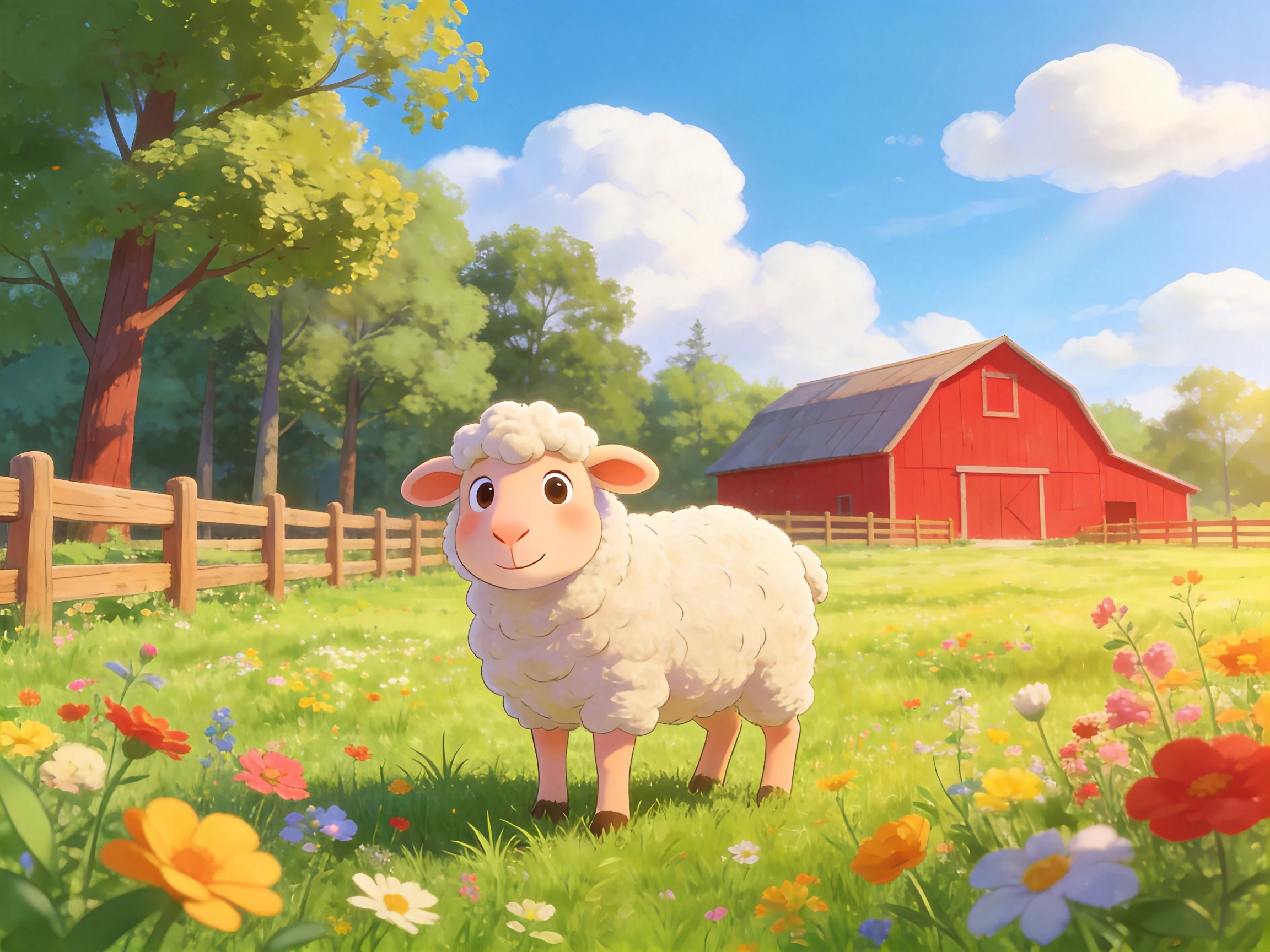 A fluffy white sheep stands near a bright red barn in a flower - filled meadow