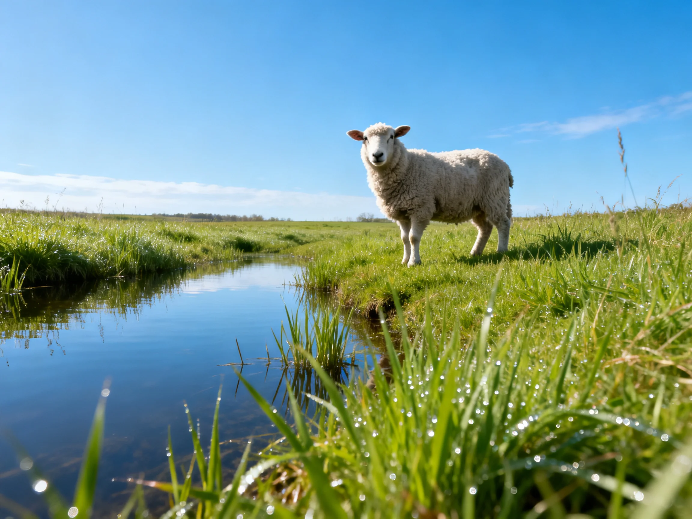 A fluffy white sheep stands near a clear stream in a lush green meadow