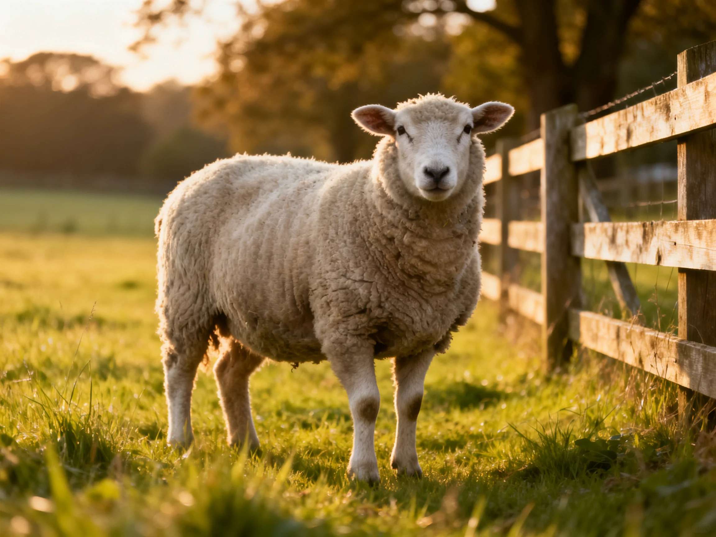A sheep stands in a sunlit pasture beside a wooden fence.