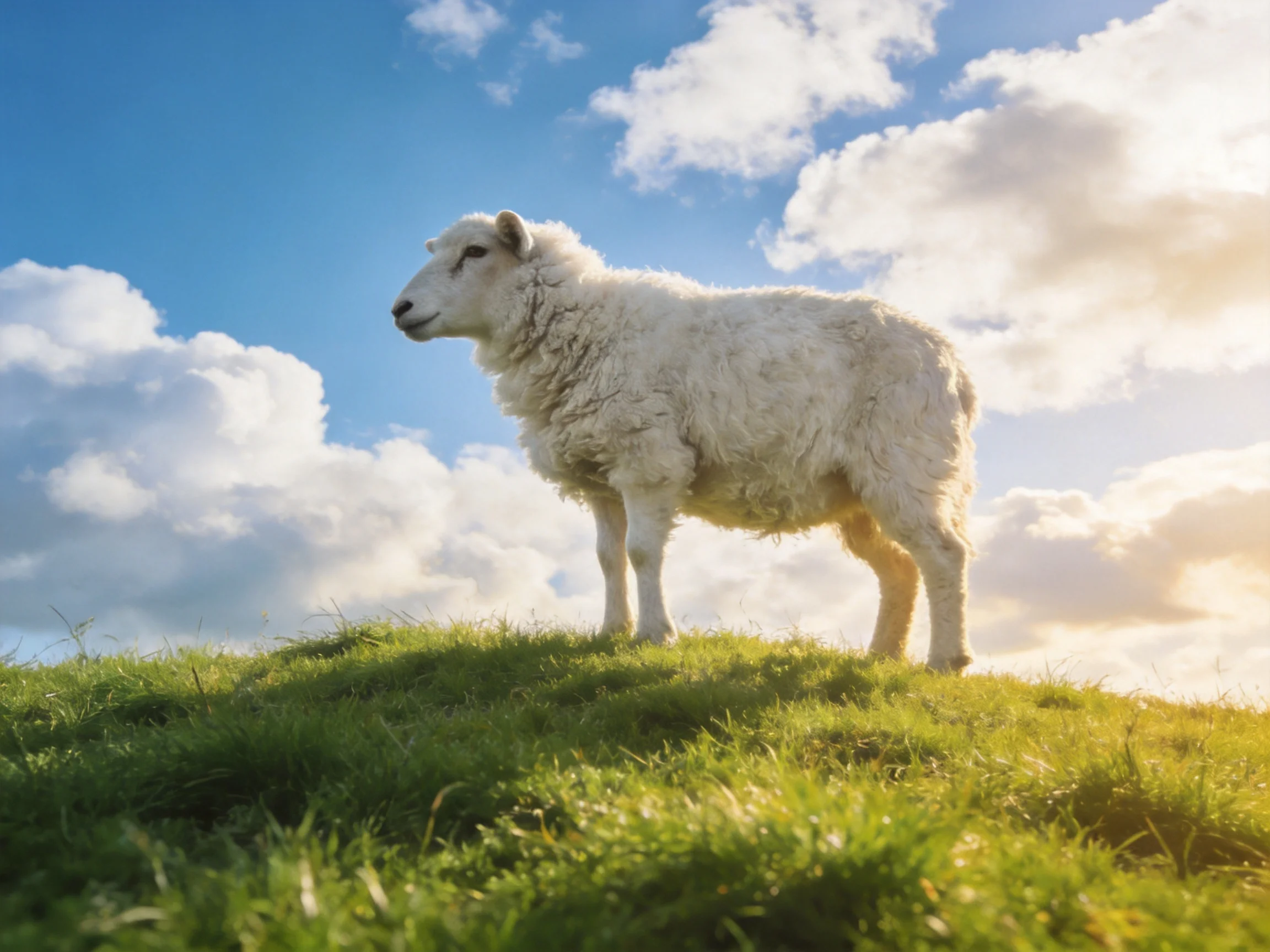 A single fluffy white sheep stands on a grassy hill beneath a bright blue sky with clouds.