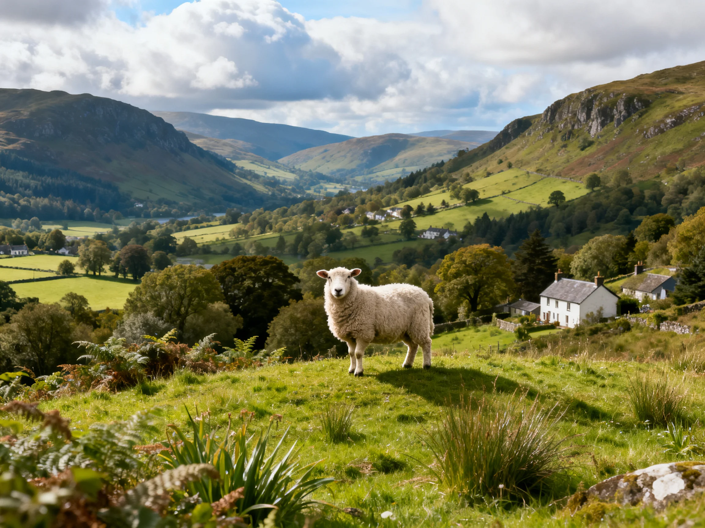 A sheep stands on a lush countryside hillside with cottages and rolling hills