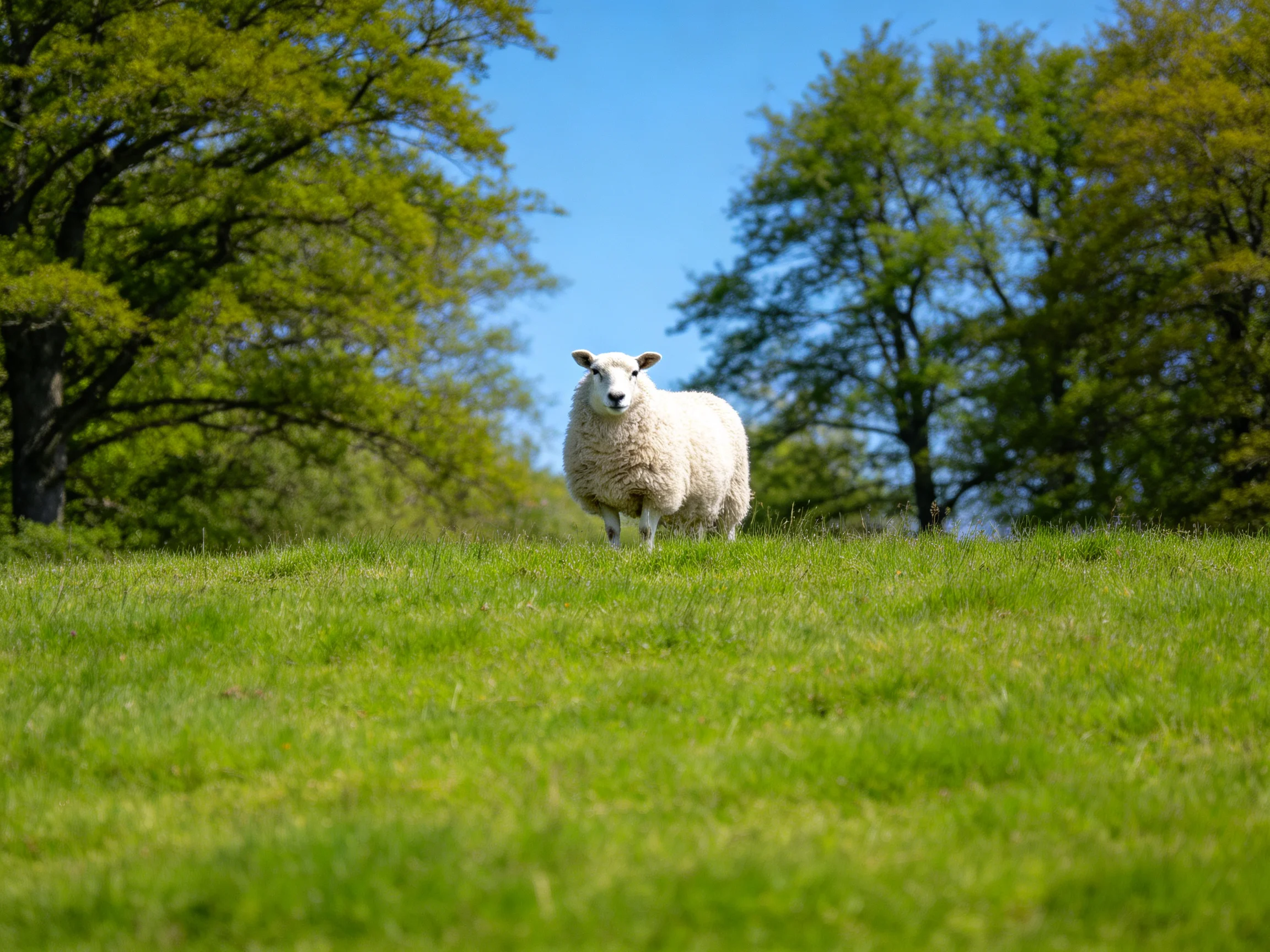 A single sheep stands on a grassy hill with trees in the background under clear skies