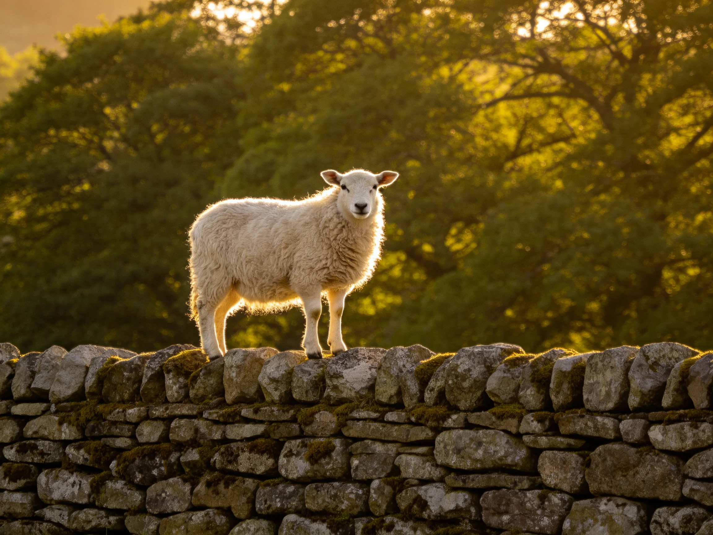 A fluffy white sheep stands on a moss-covered stone wall with golden trees