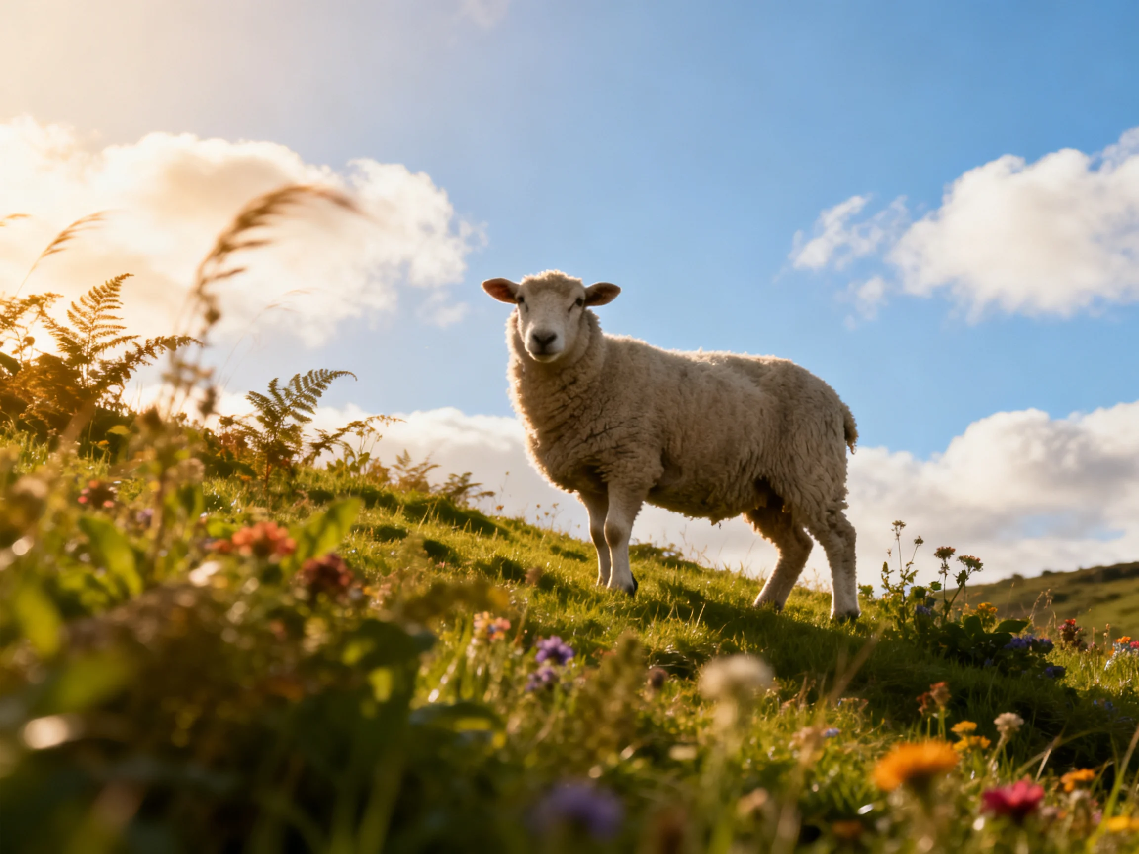 A fluffy white sheep stands on a vibrant green hillside under bright blue sky
