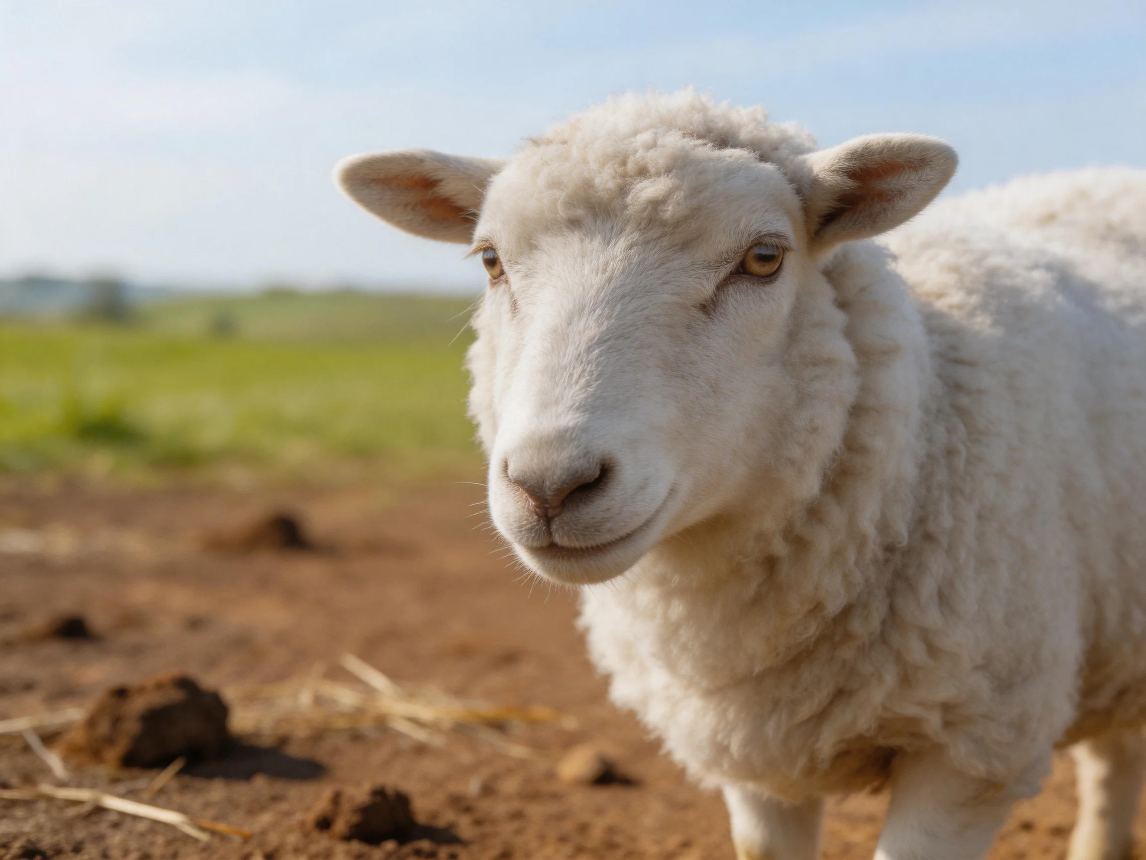 A fluffy white sheep stands on brown earth in an open field with greenery in the distance.