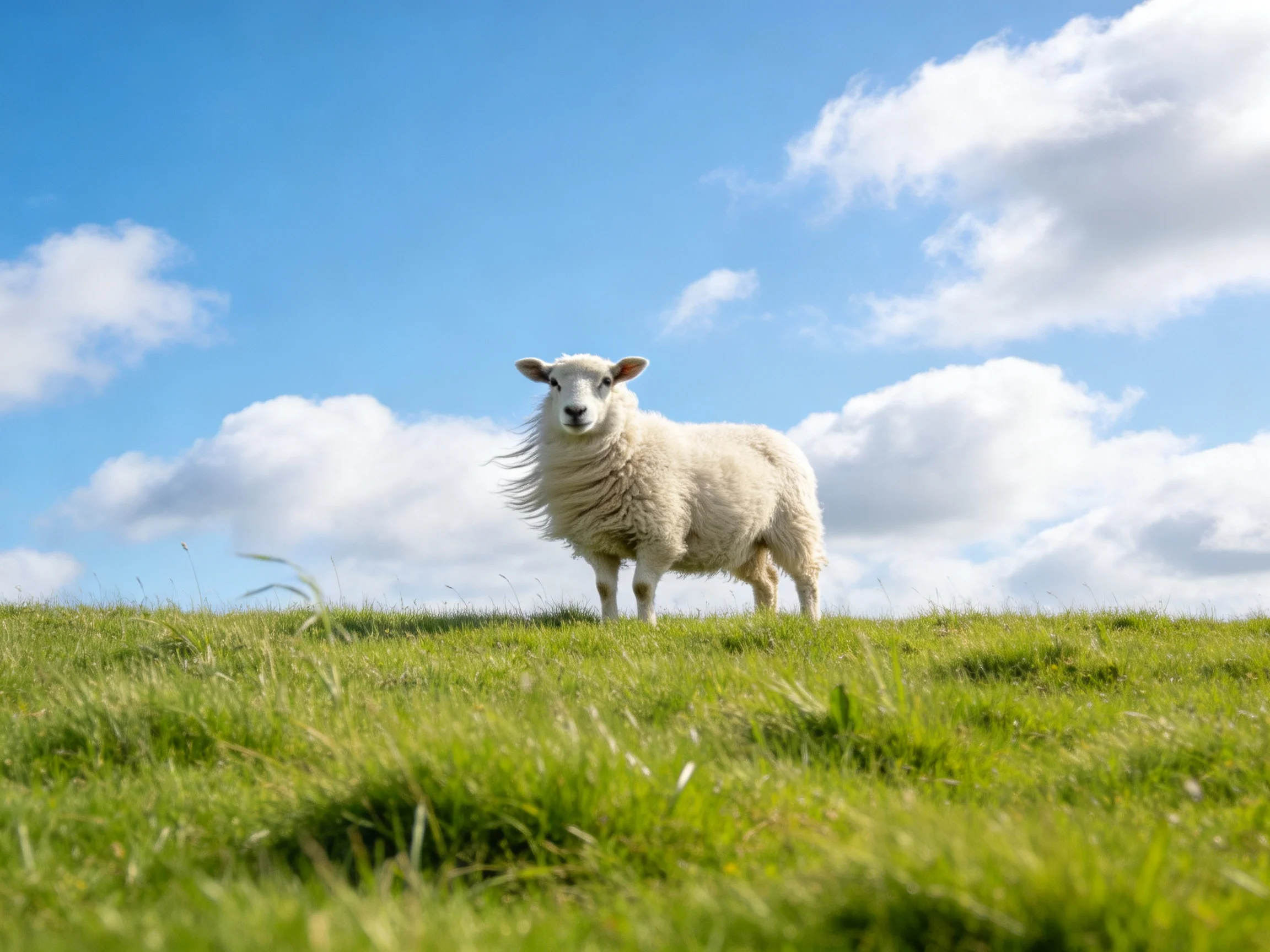 A single sheep stands on grassy terrain under a clear blue sky with clouds.