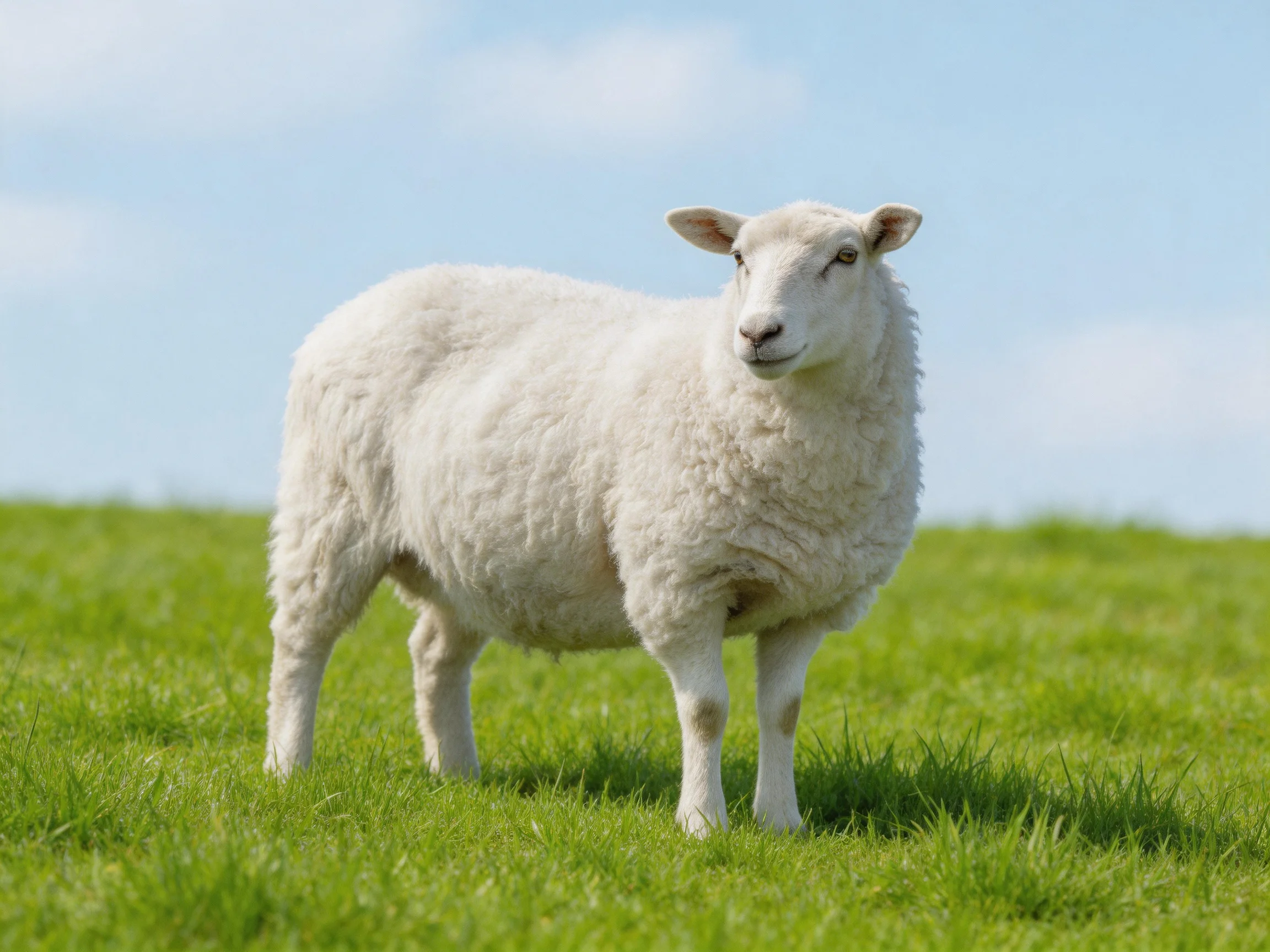 A white sheep stands on green grass in a sunny open field.