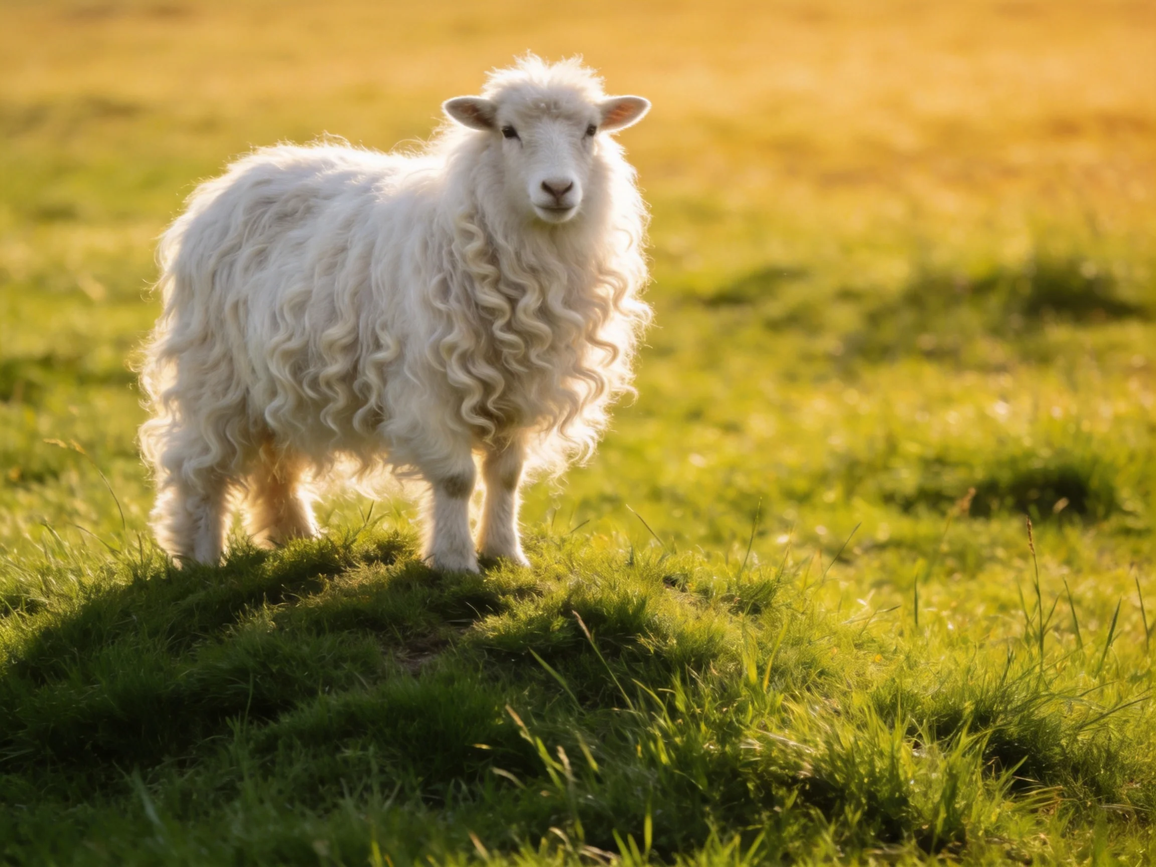 A fluffy white sheep stands on lush green grass bathed in golden sunlight.
