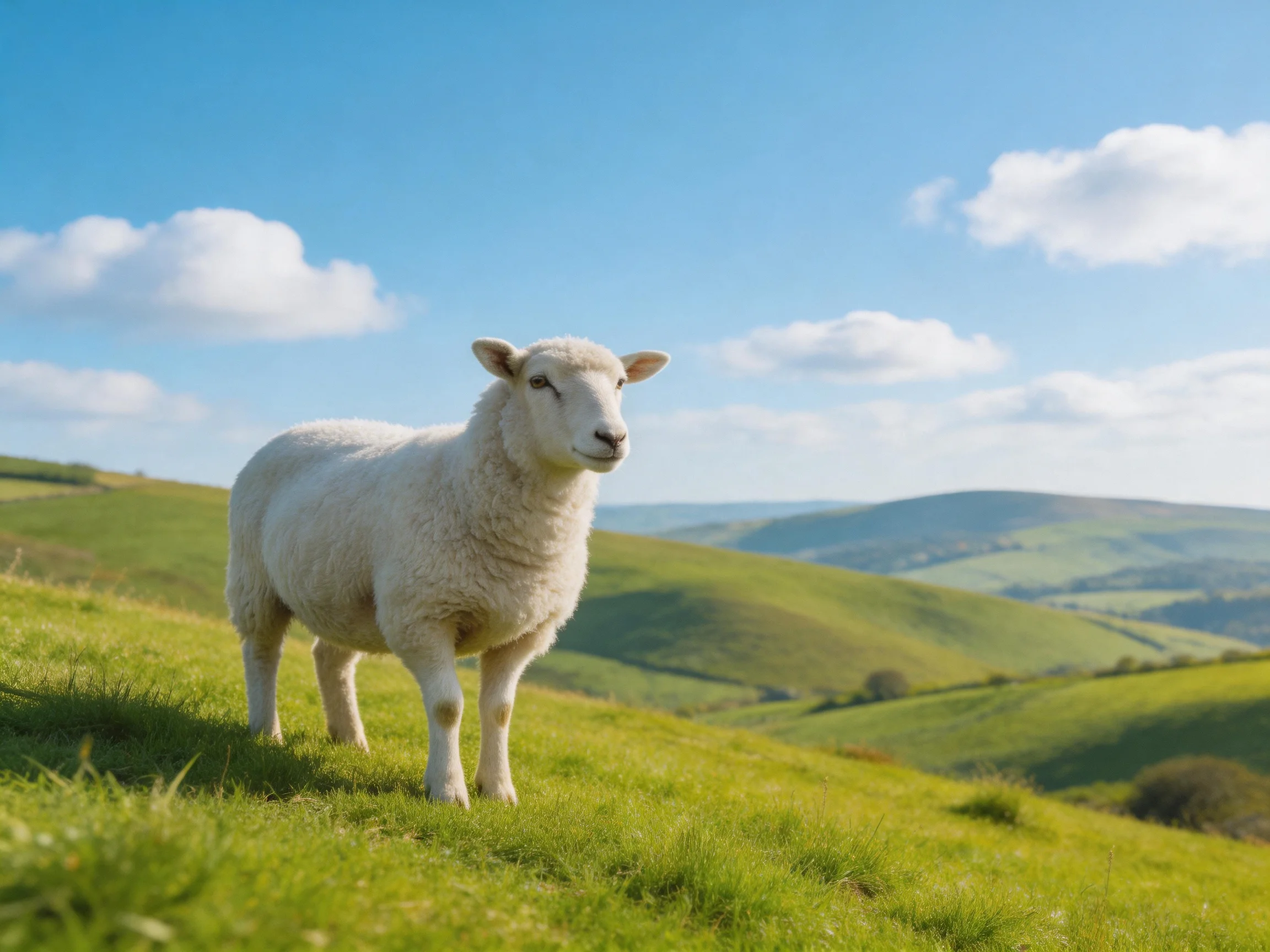 A fluffy white sheep stands on rolling green hills under bright blue sky