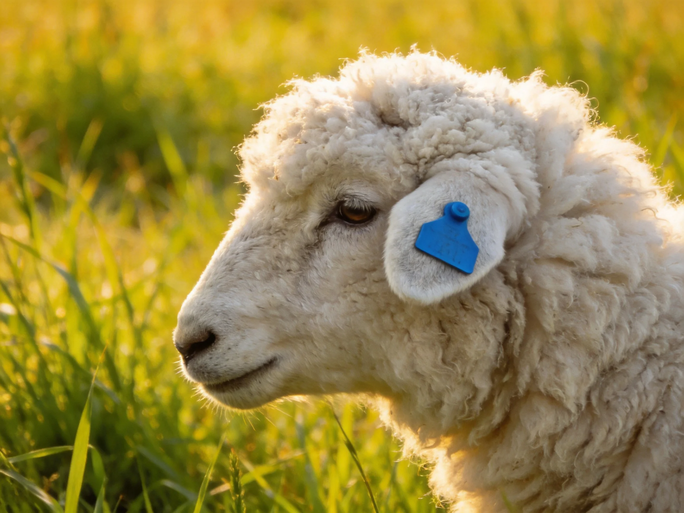 A sheep with a blue ear tag stands in a sunlit meadow of tall green grass.