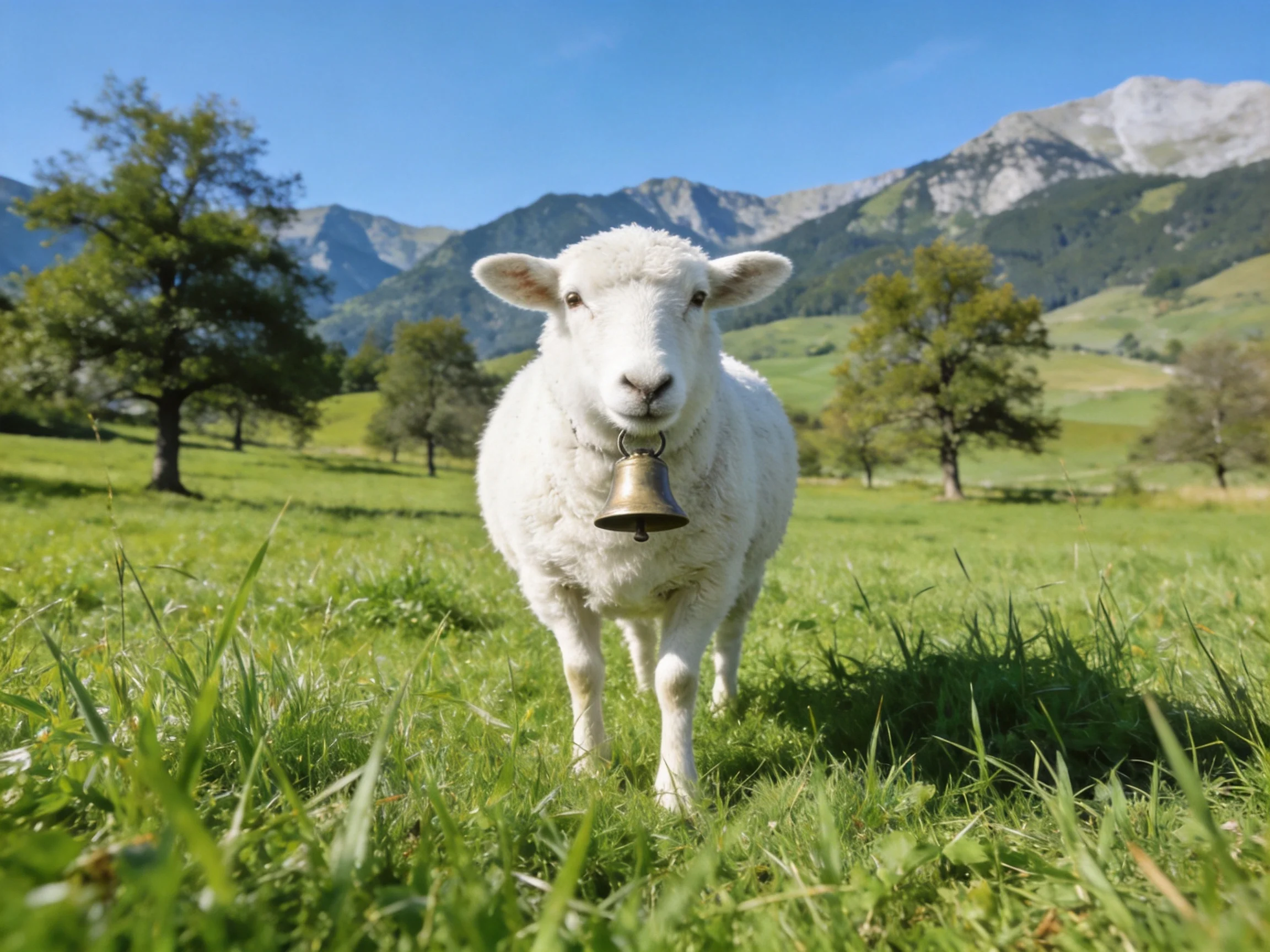 A fluffy white sheep with a brass bell in a lush green meadow near mountains