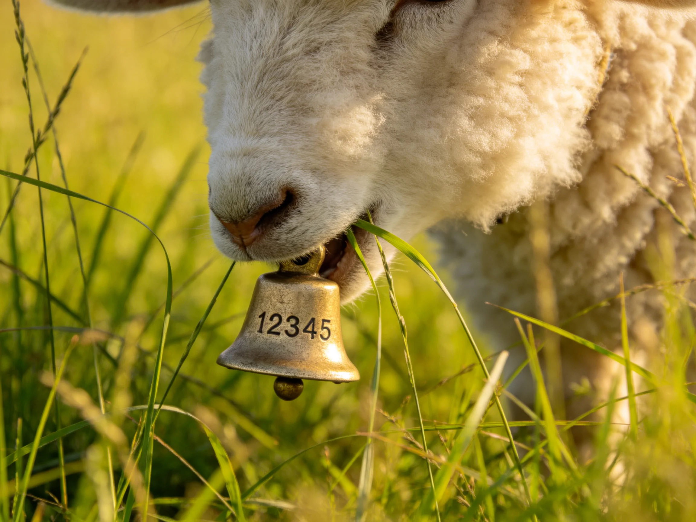 A fluffy white sheep with a numbered brass bell grazing in tall green grass