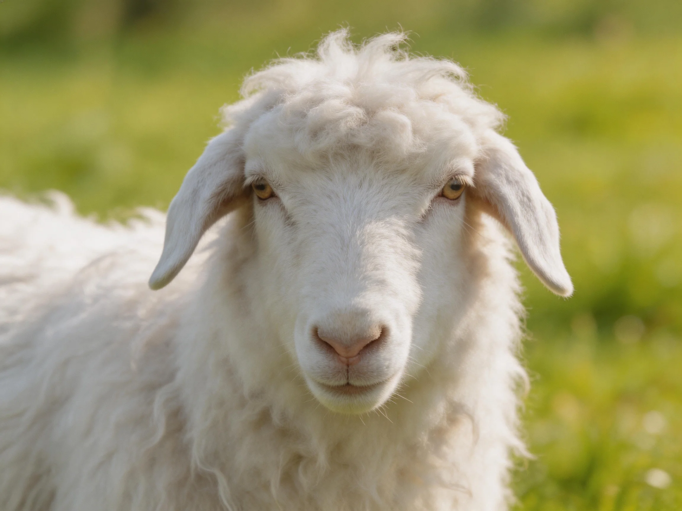 A fluffy white sheep with long ears in a green meadow