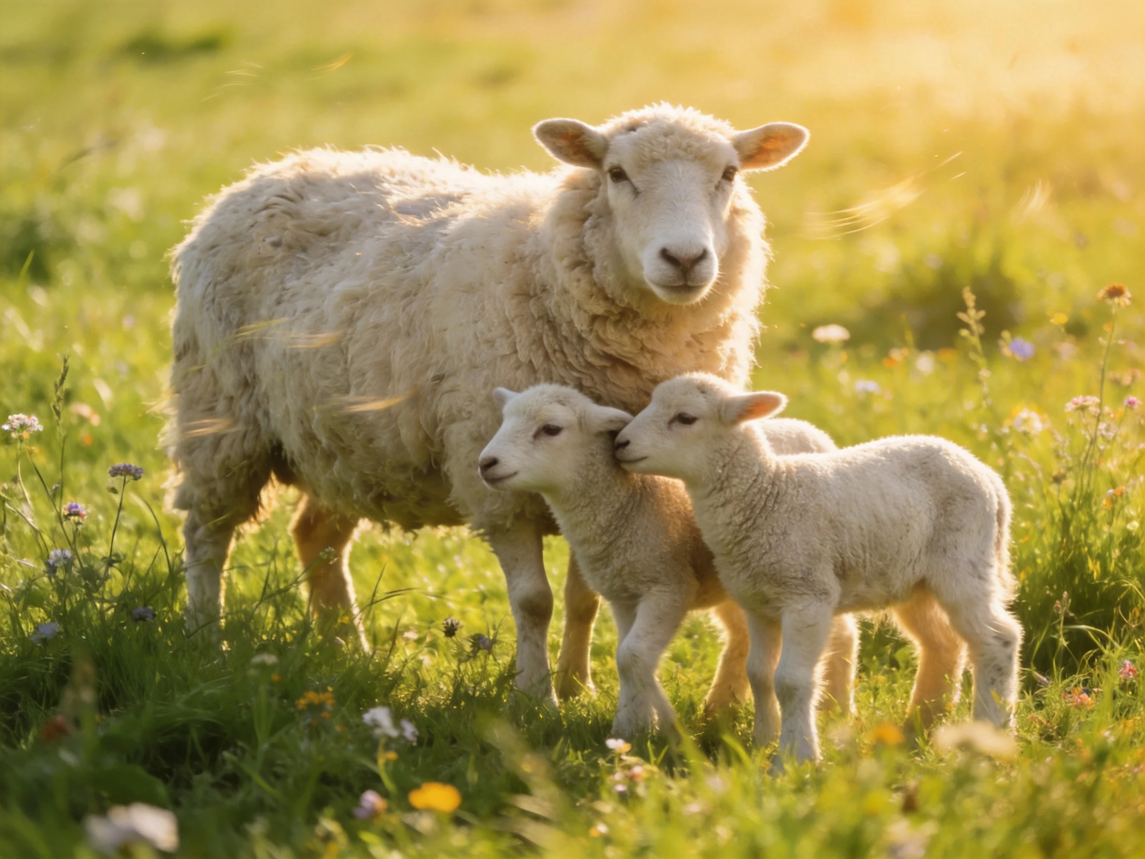An adult sheep stands with two lambs in a sunlit, flowered meadow.