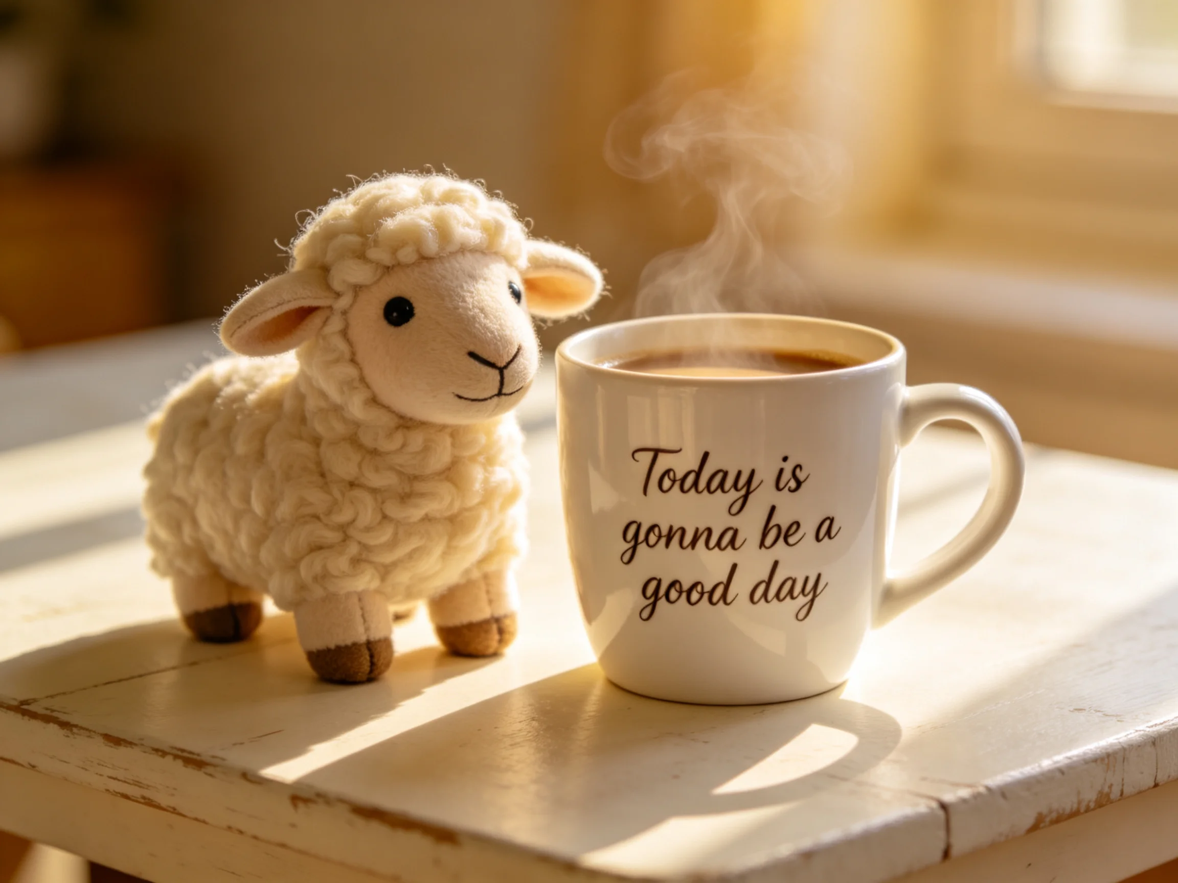 A fluffy white stuffed lamb beside a steaming mug on a sunlit wooden table