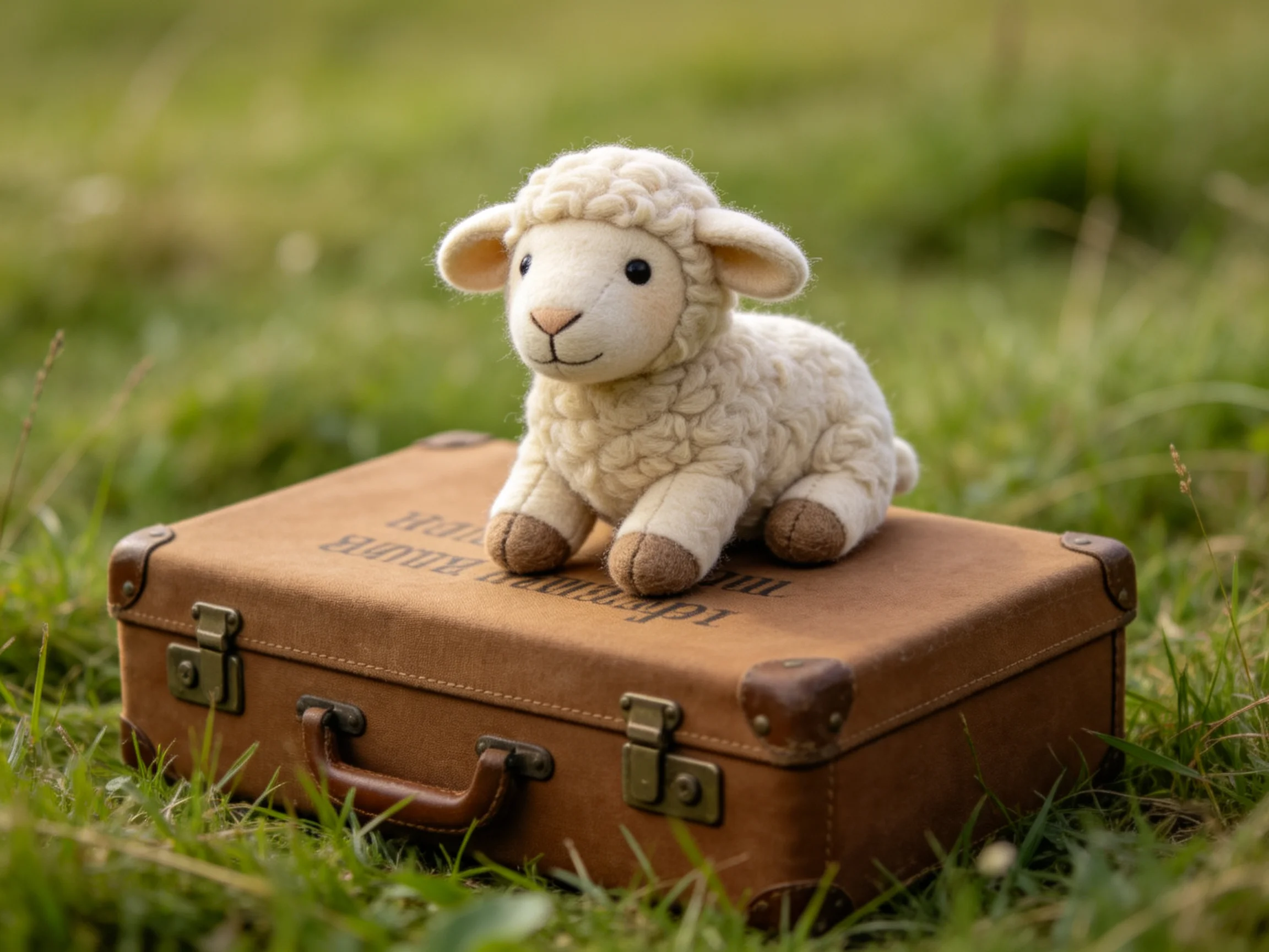 A fluffy white stuffed lamb sits atop a vintage brown suitcase in a grassy field.