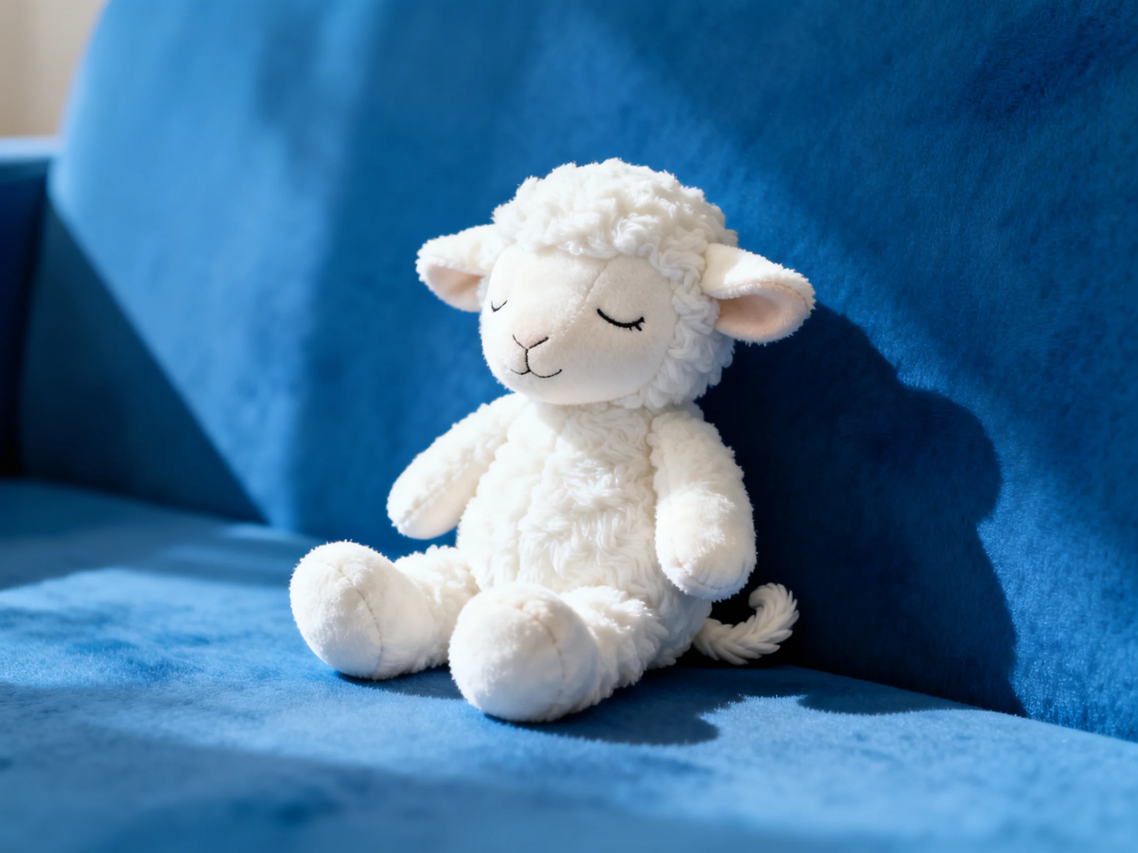 A fluffy white stuffed lamb sitting ona blue couch