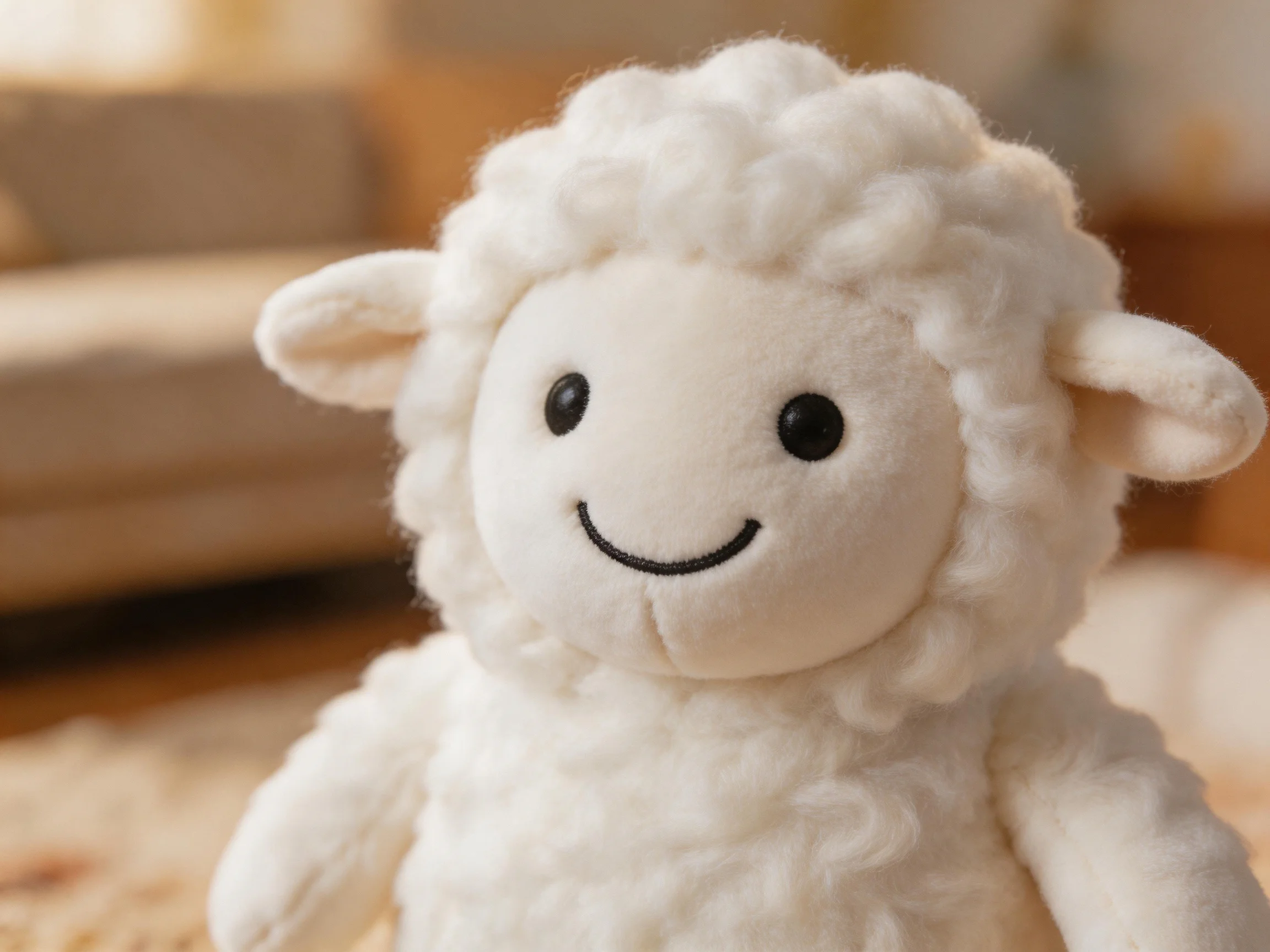 A fluffy white stuffed lamb toy with a smiling face