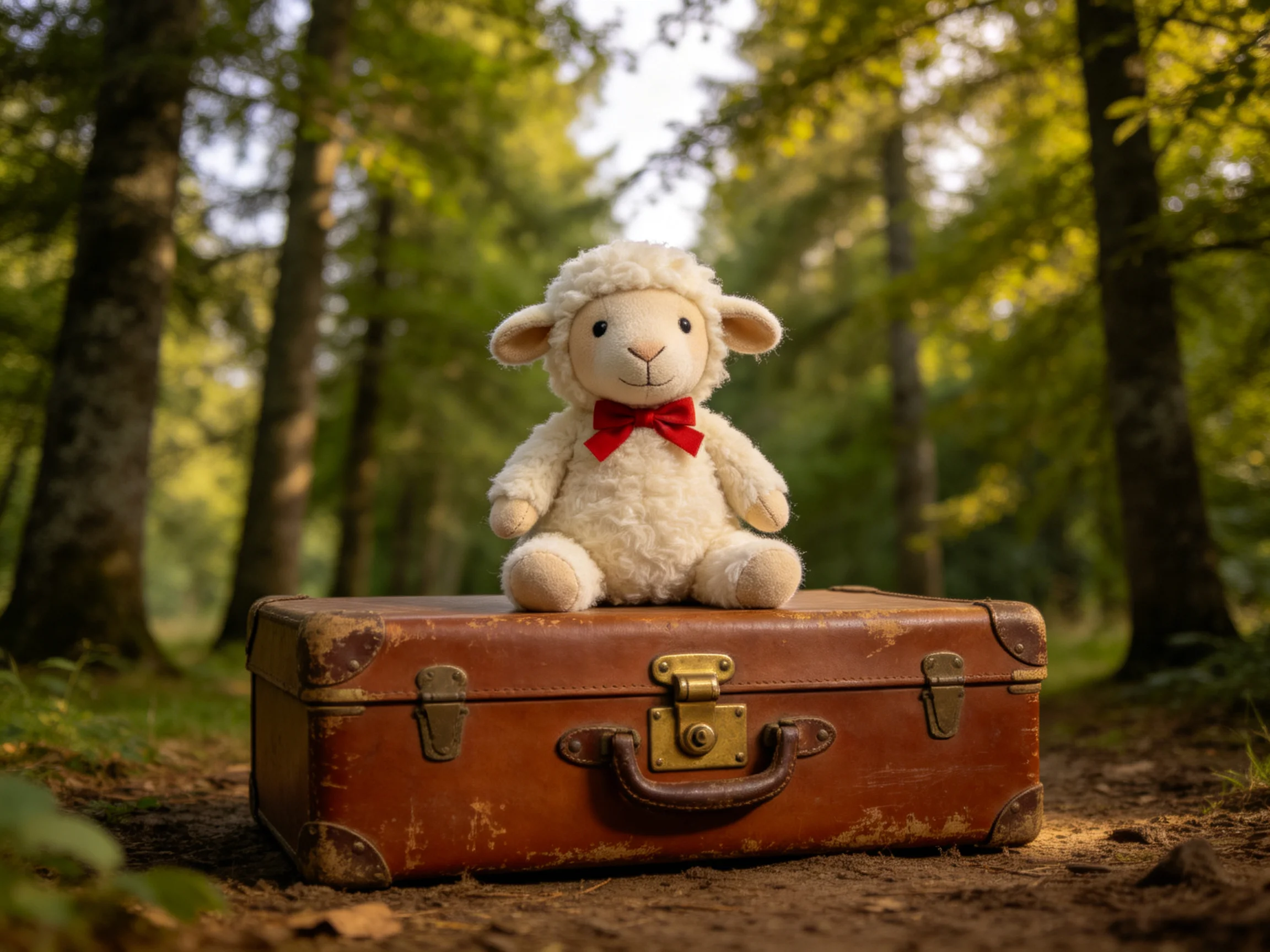 A fluffy white stuffed sheep sits atop an aged brown suitcase in a sunlit forest.