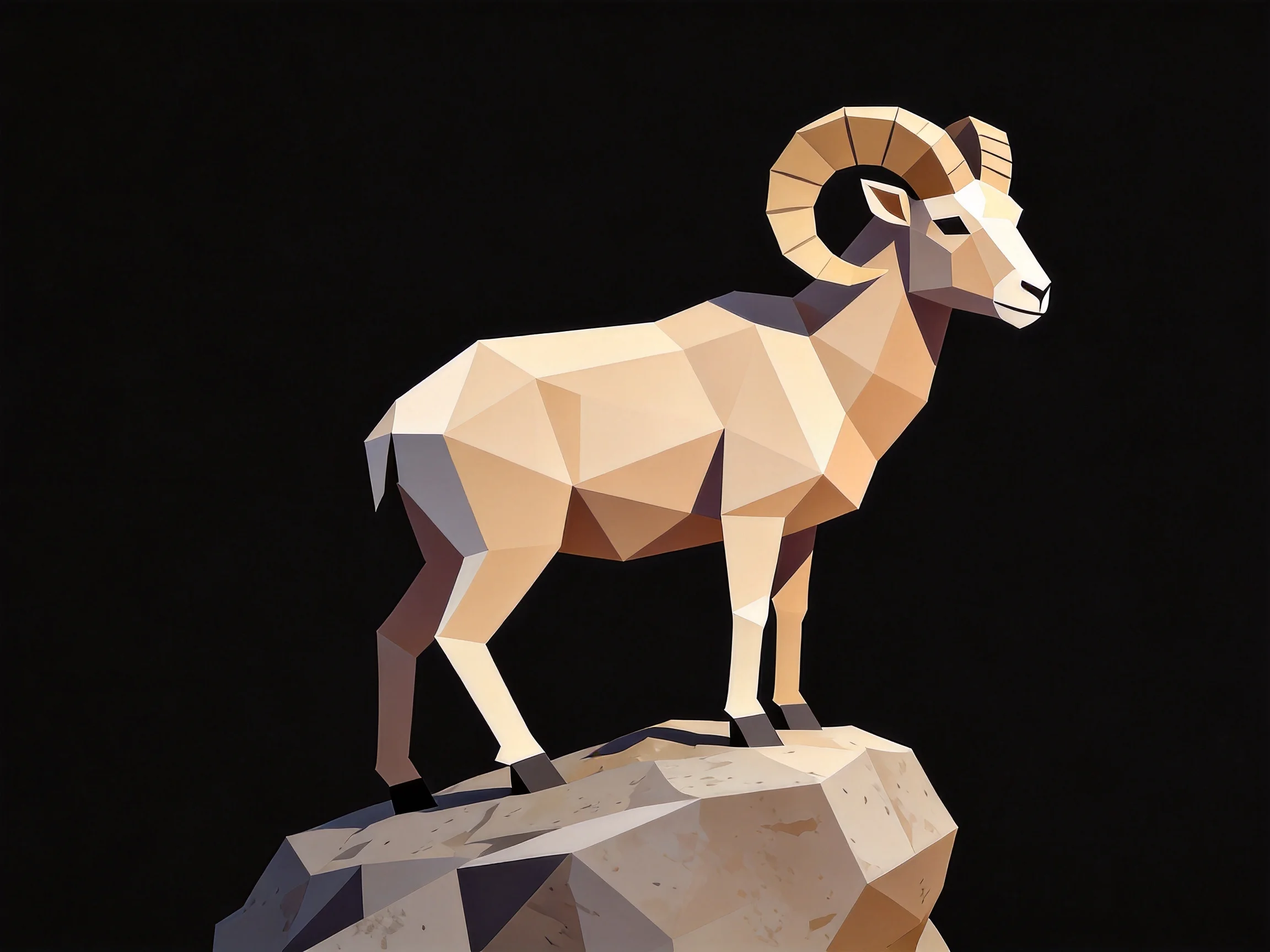 A geometrically styled ram stands on a rocky outcrop