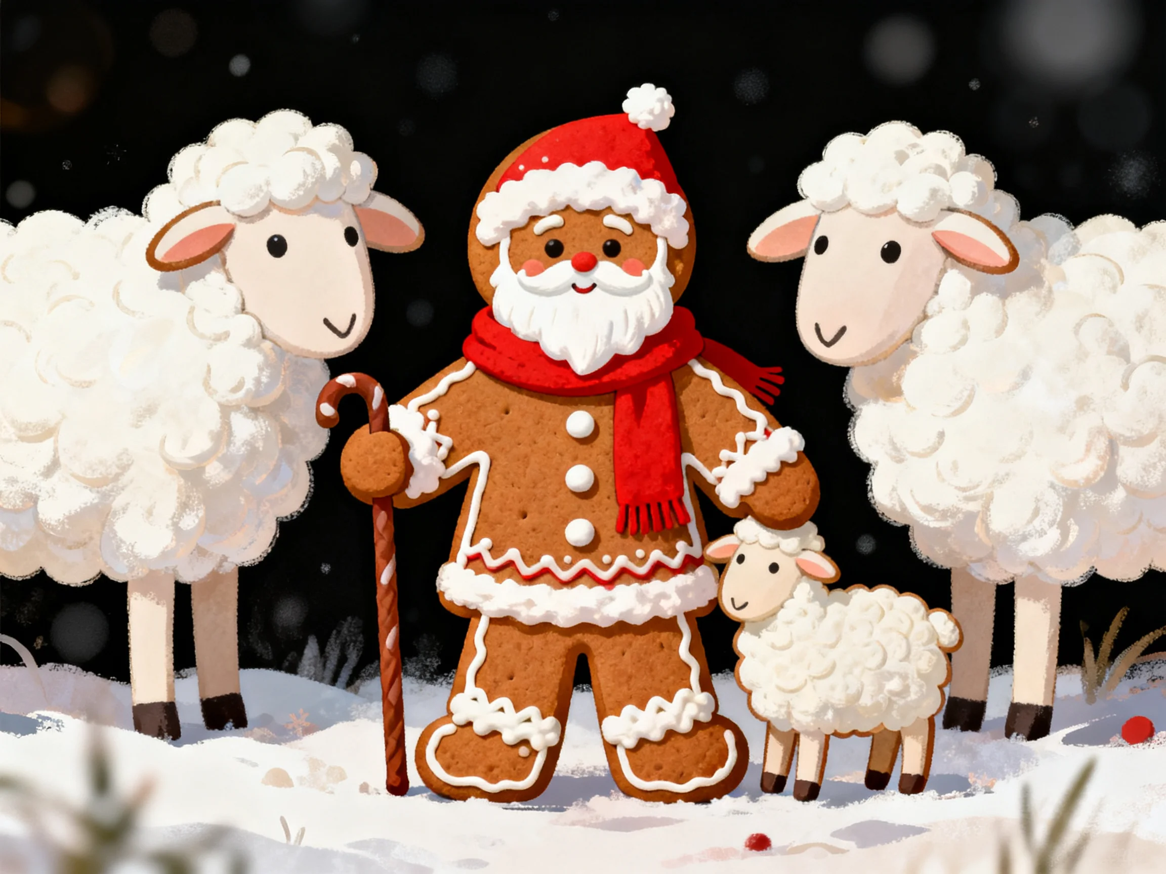 A gingerbread Santa with three sheep in a snowy night scene