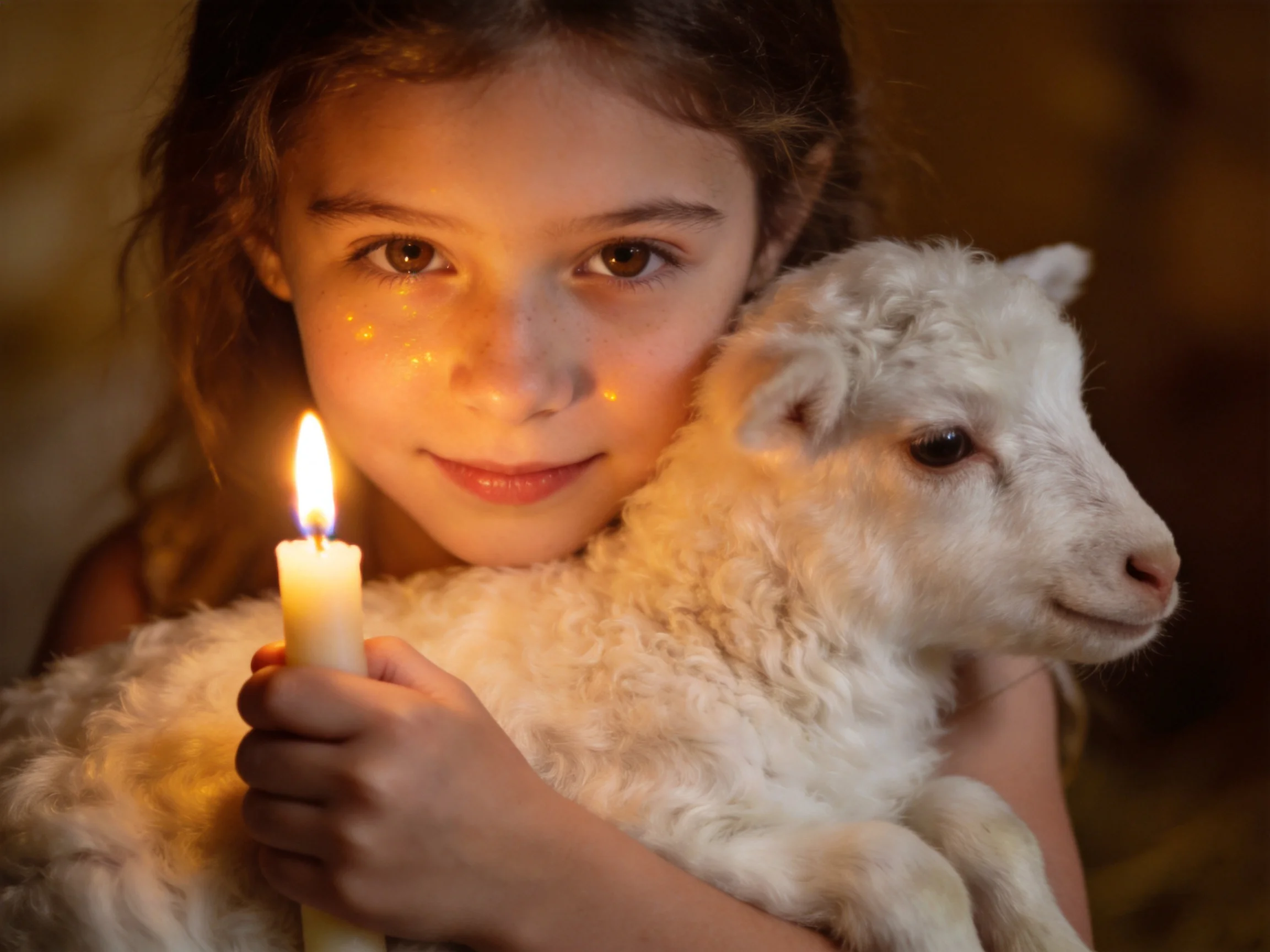A girl cradling a white lamb beside a lit candle