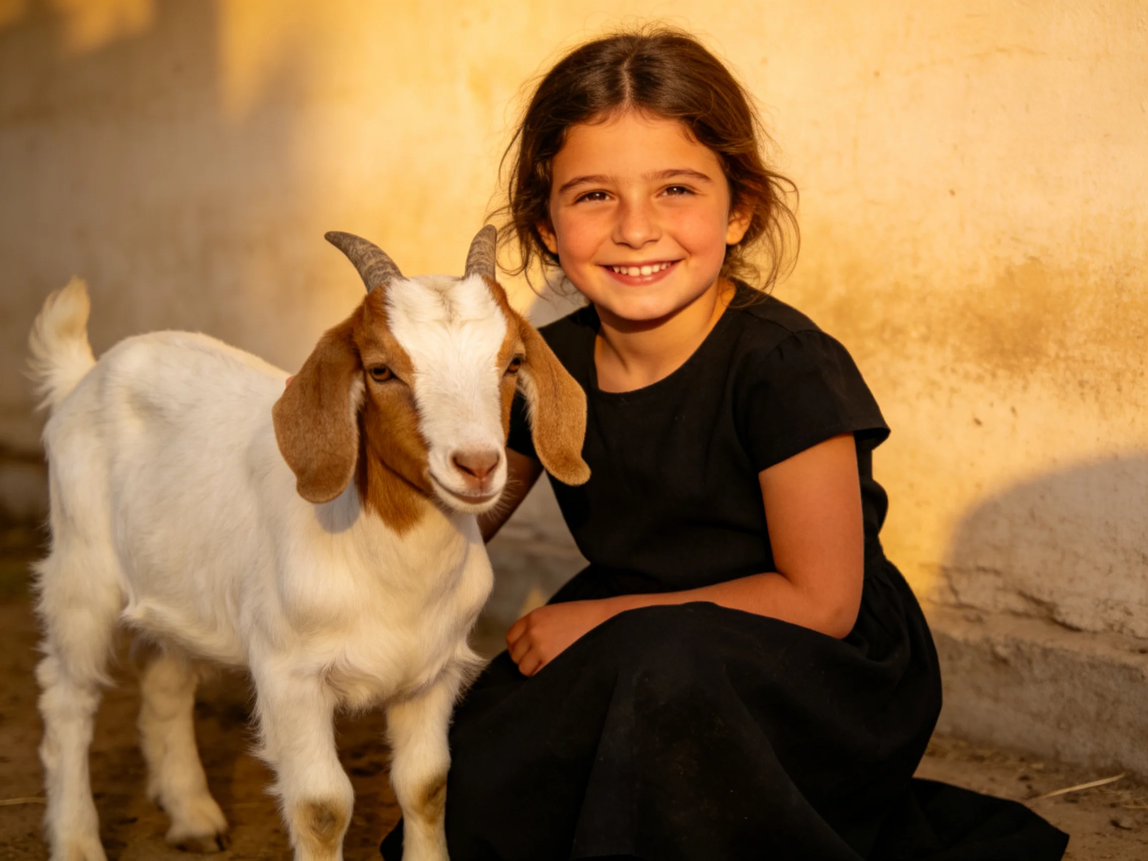 A girl in a black dress sits next to a white-brown goat by a textured wall