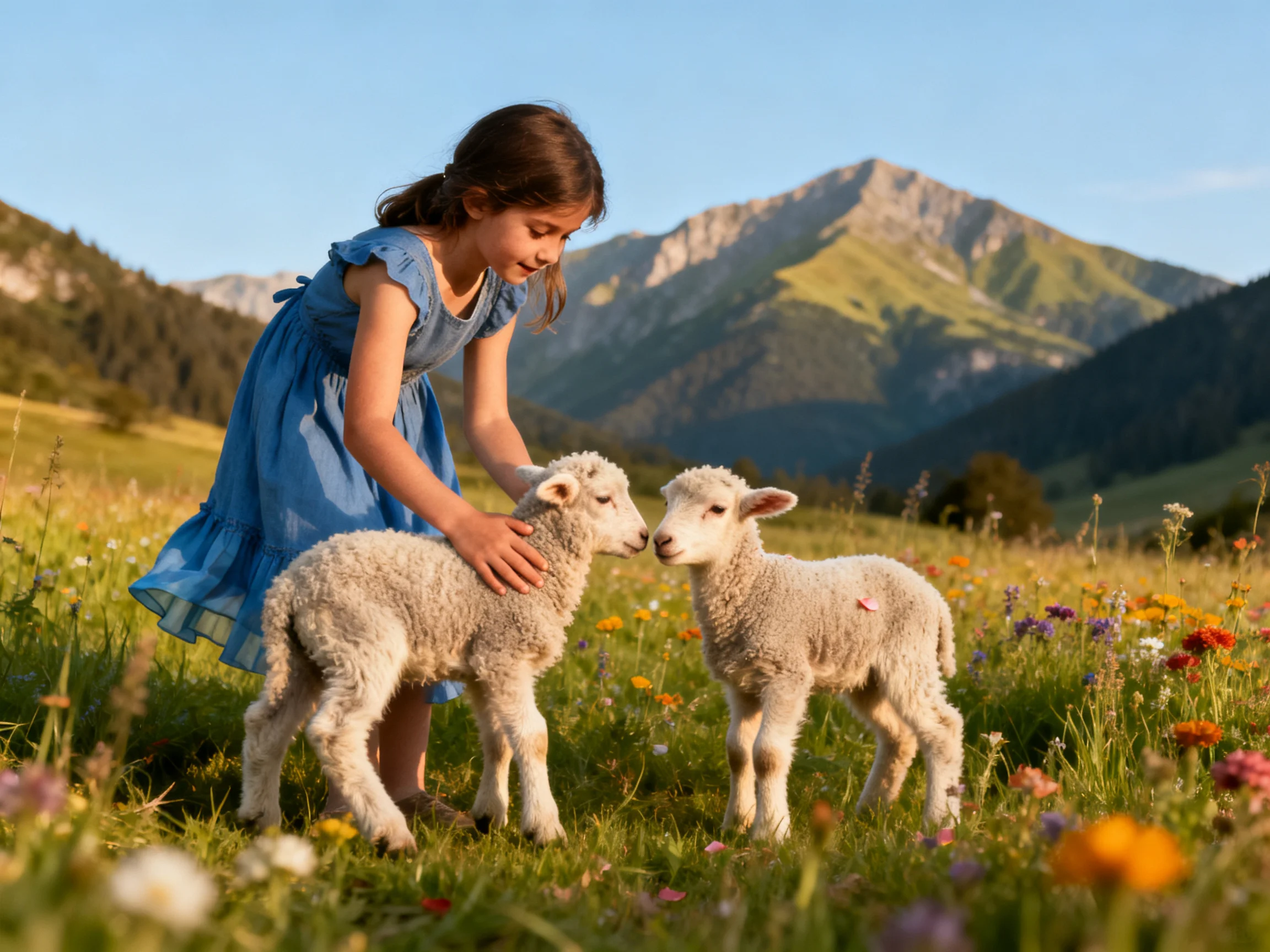 A girl in a blue dress pets two lambs in a flower-filled meadow with mountains
