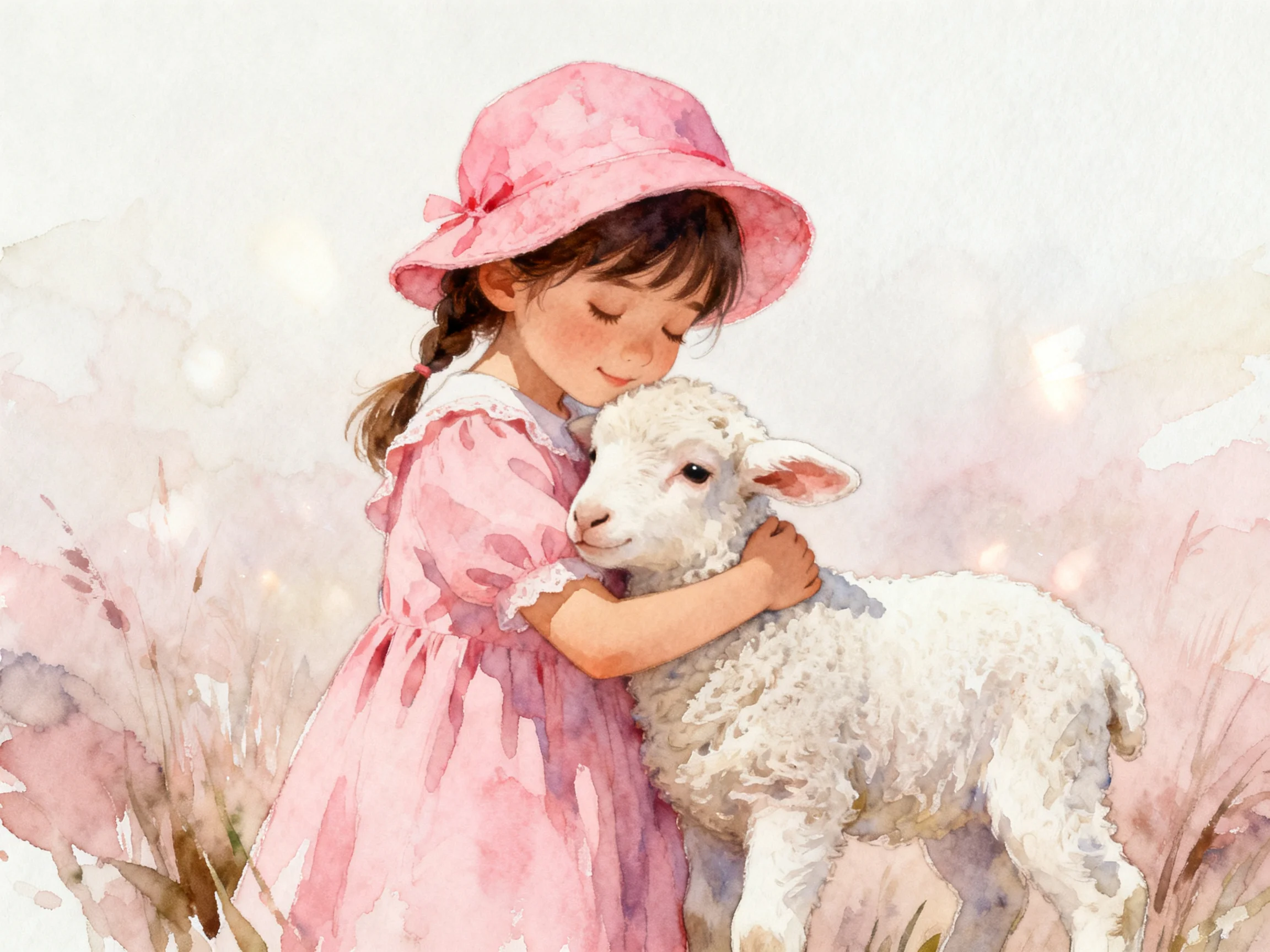 A girl in a pink dress hugs a white lamb in a pastel landscape