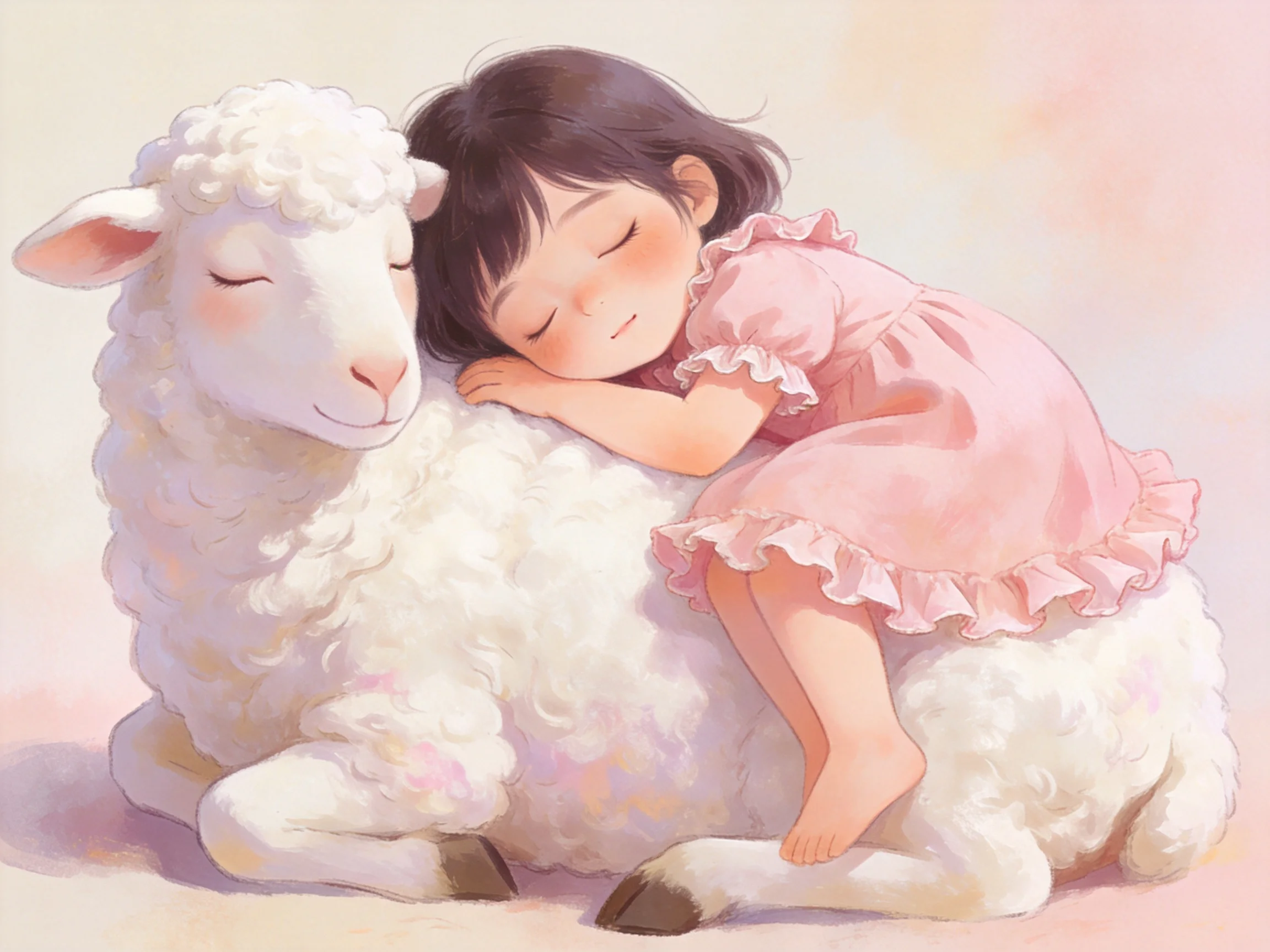 A girl in a pink dress sleeps on a fluffy white sheep