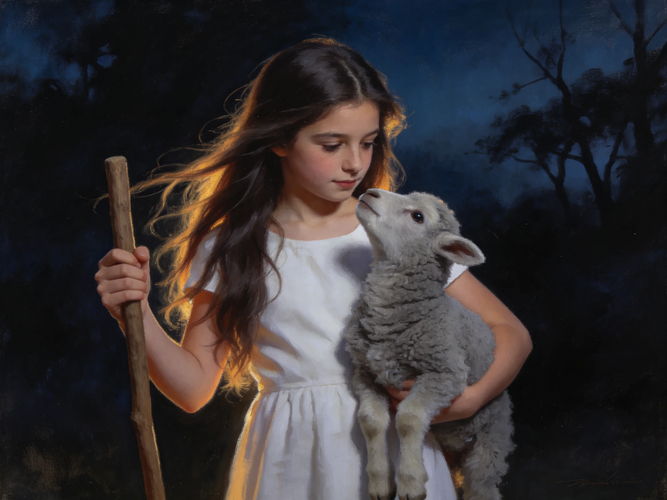 A girl in a white dress holding a gray lamb near a dark forest