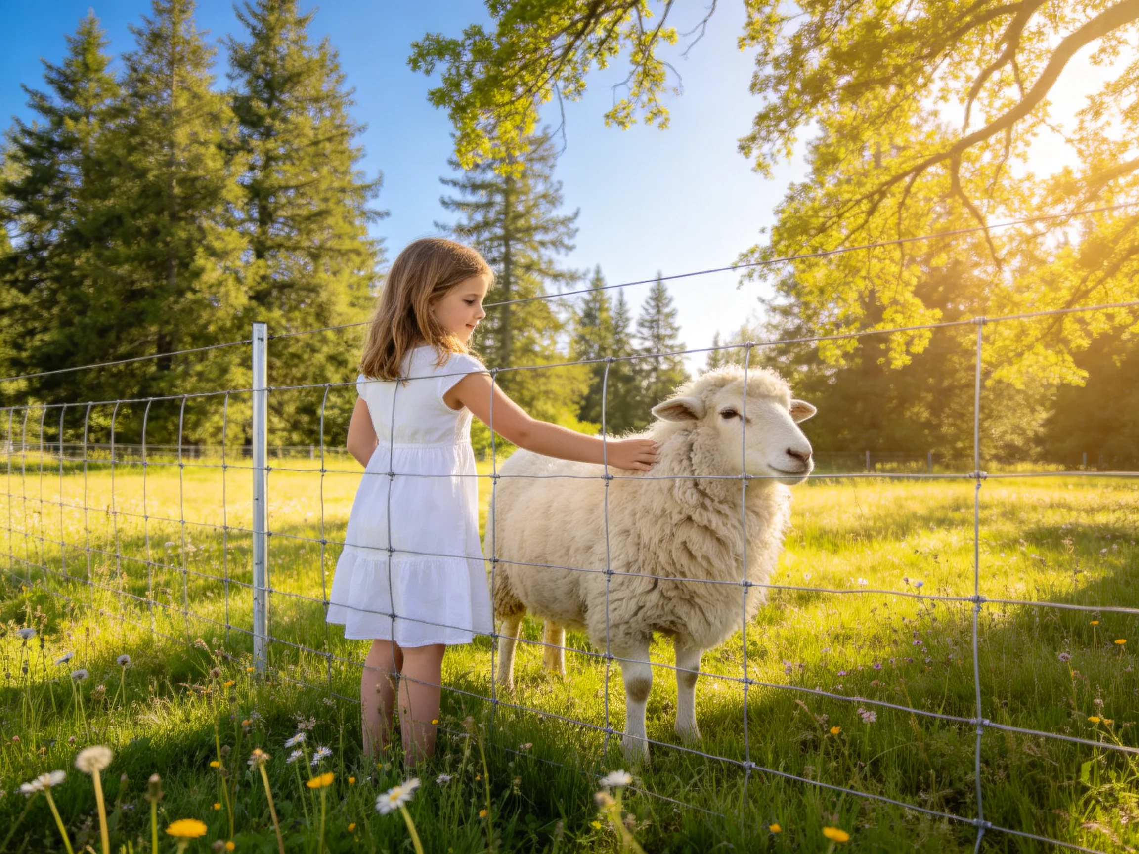 A girl in a white dress petting a woolly sheep by a wire fence