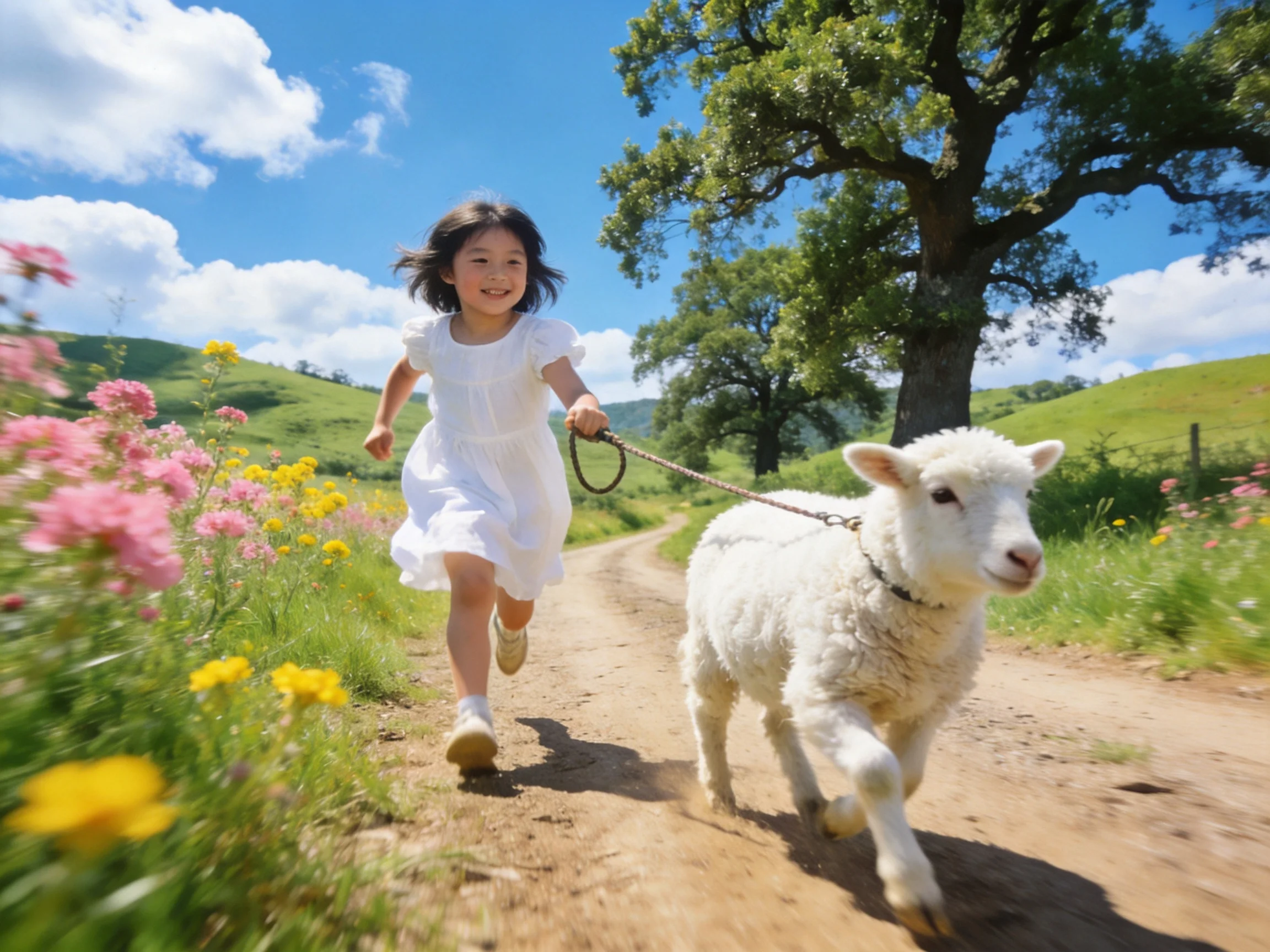A girl in a white dress running with a lamb along a flowered dirt path