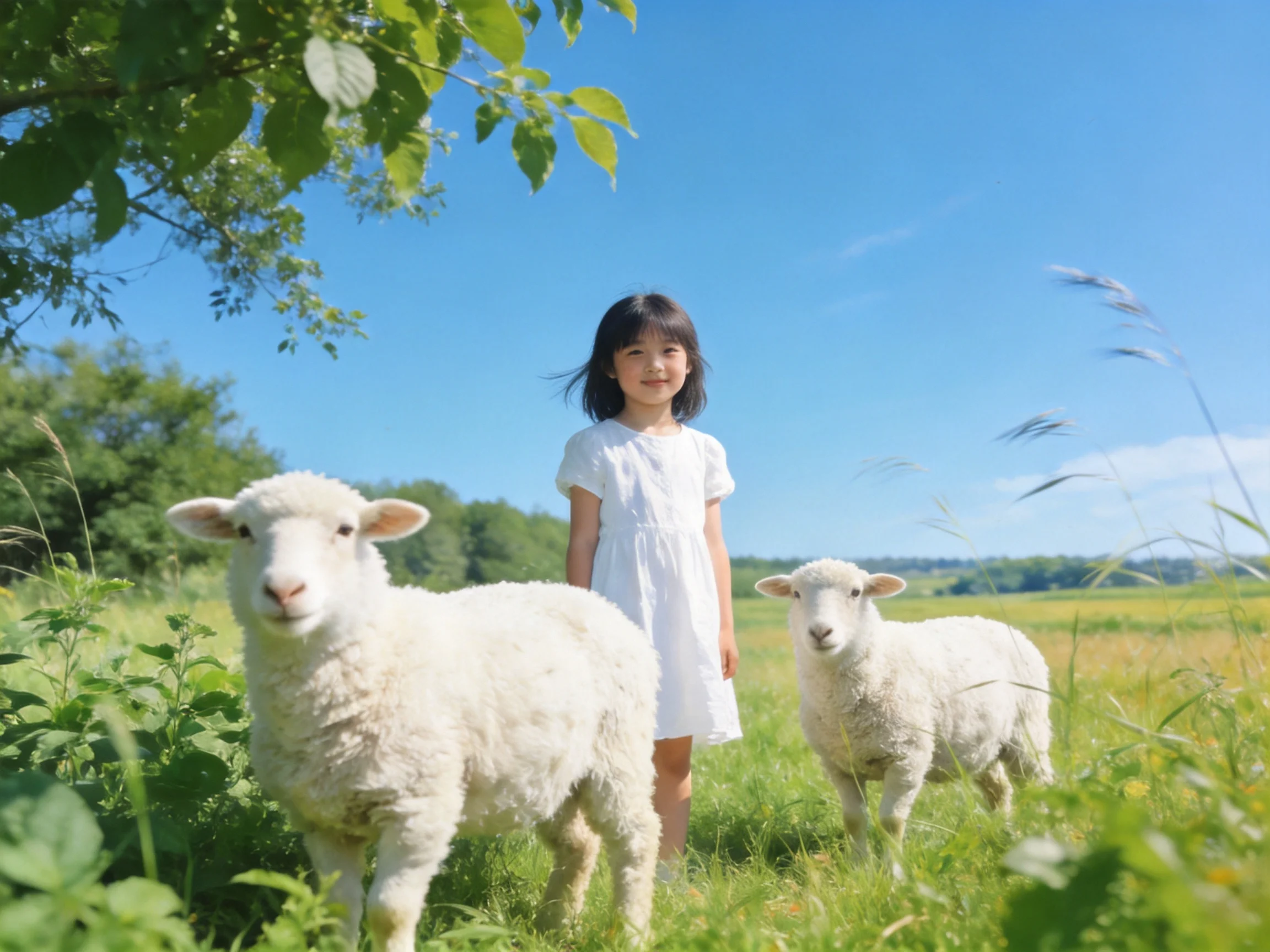 A girl in a white dress with two lambs in a sunny green meadow