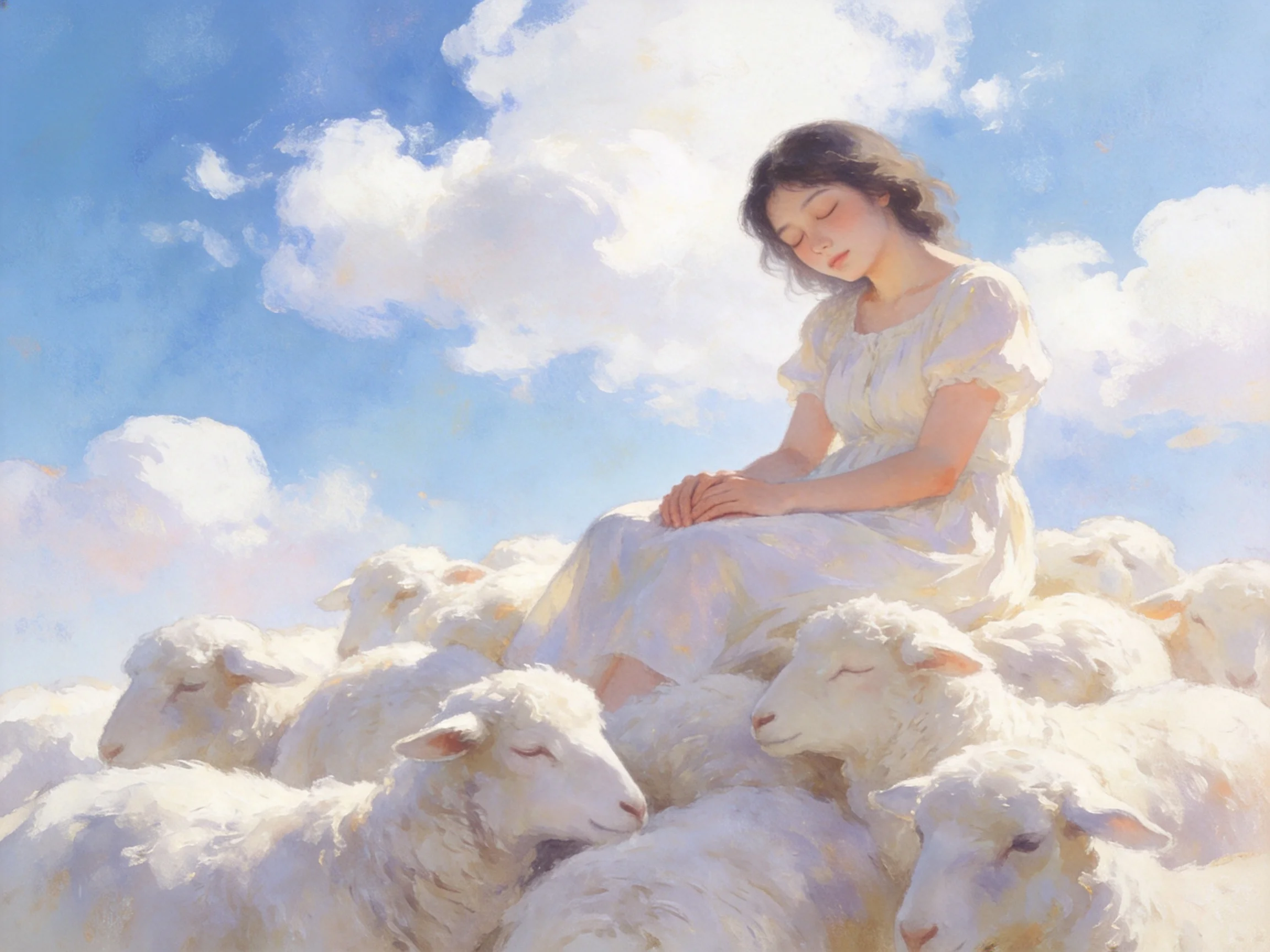 A girl in white dress among sheep under bright blue sky with fluffy clouds