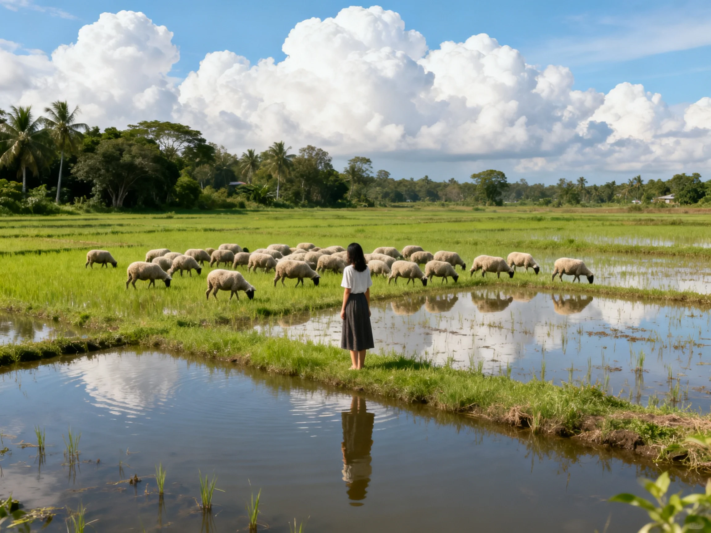 A girl observes sheep grazing in lush green rice paddies with reflective water