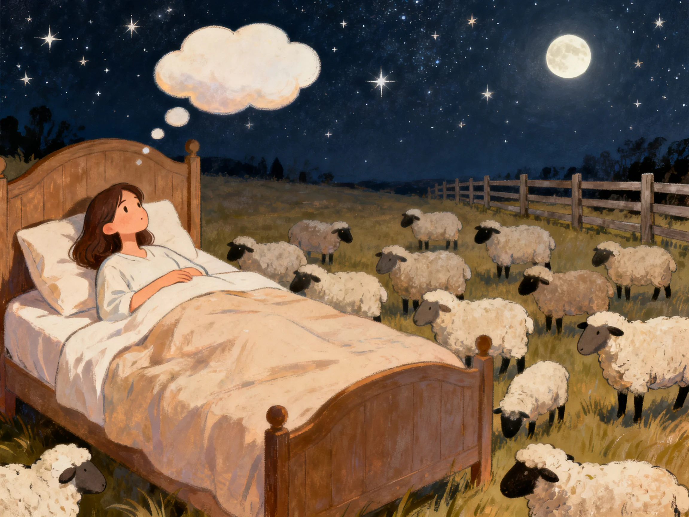 A girl sleeping in bed with sheep under a starry night sky