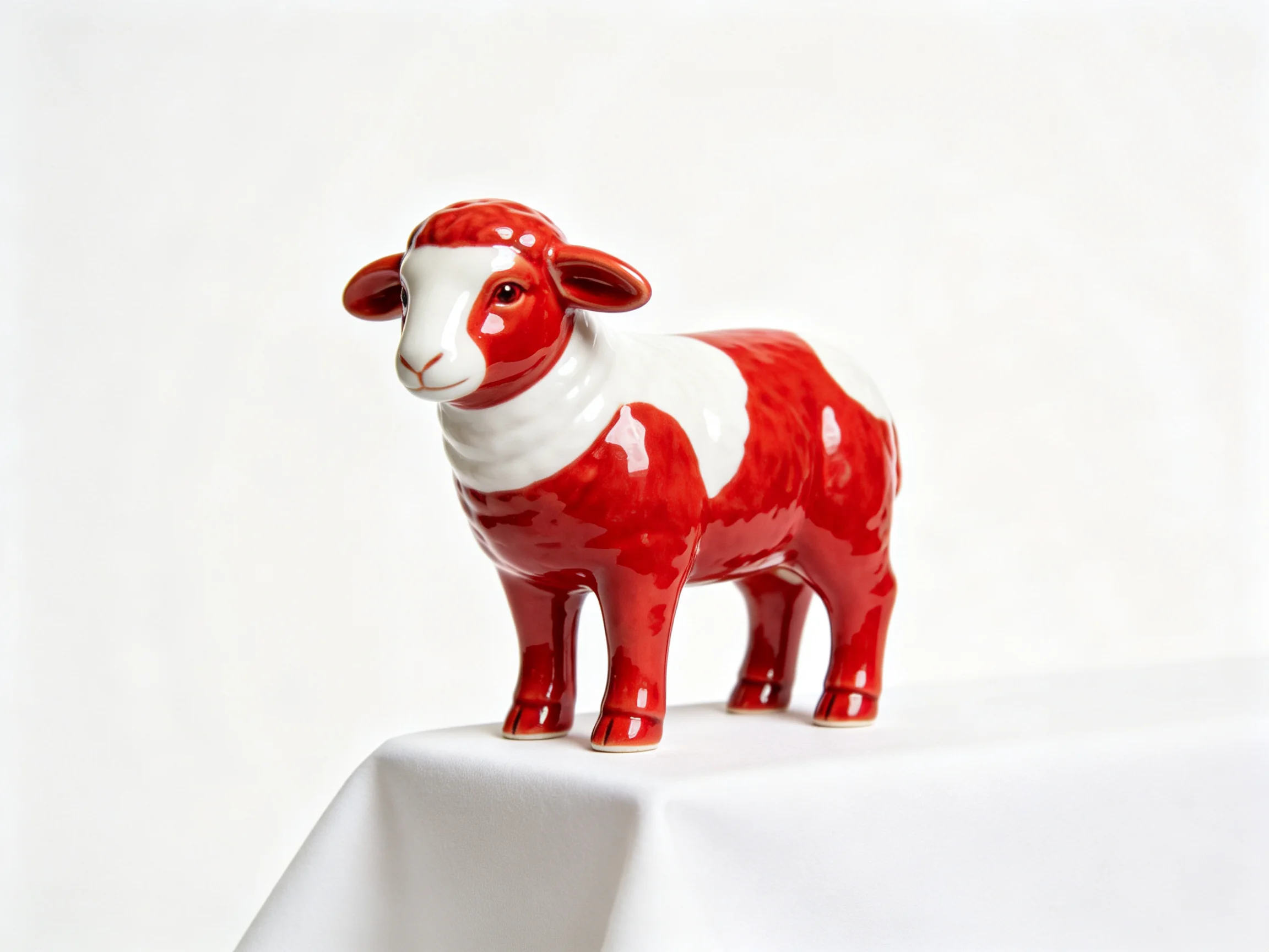 A glossy red and white ceramic sheep figurine on a white pedestal