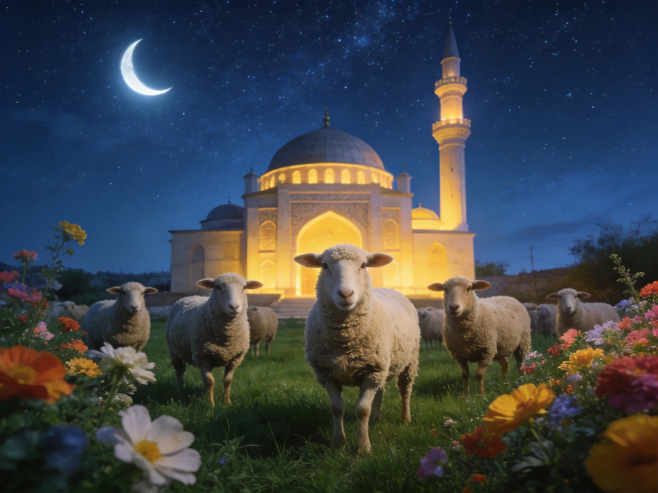 A glowing mosque with sheep and vibrant flowers under a crescent moon