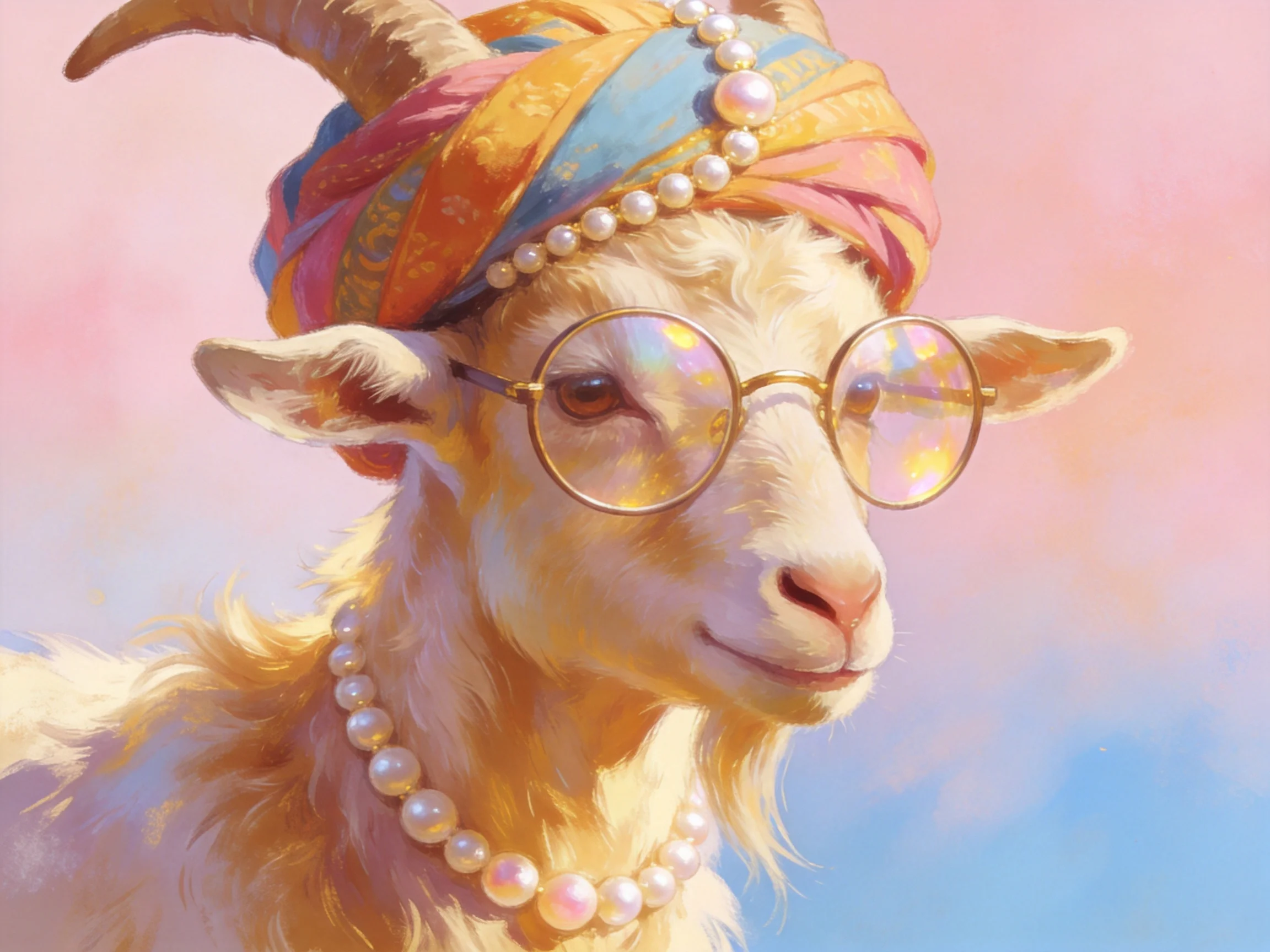 A goat adorned with a multicolored turban, pearl jewelry, and round glasses