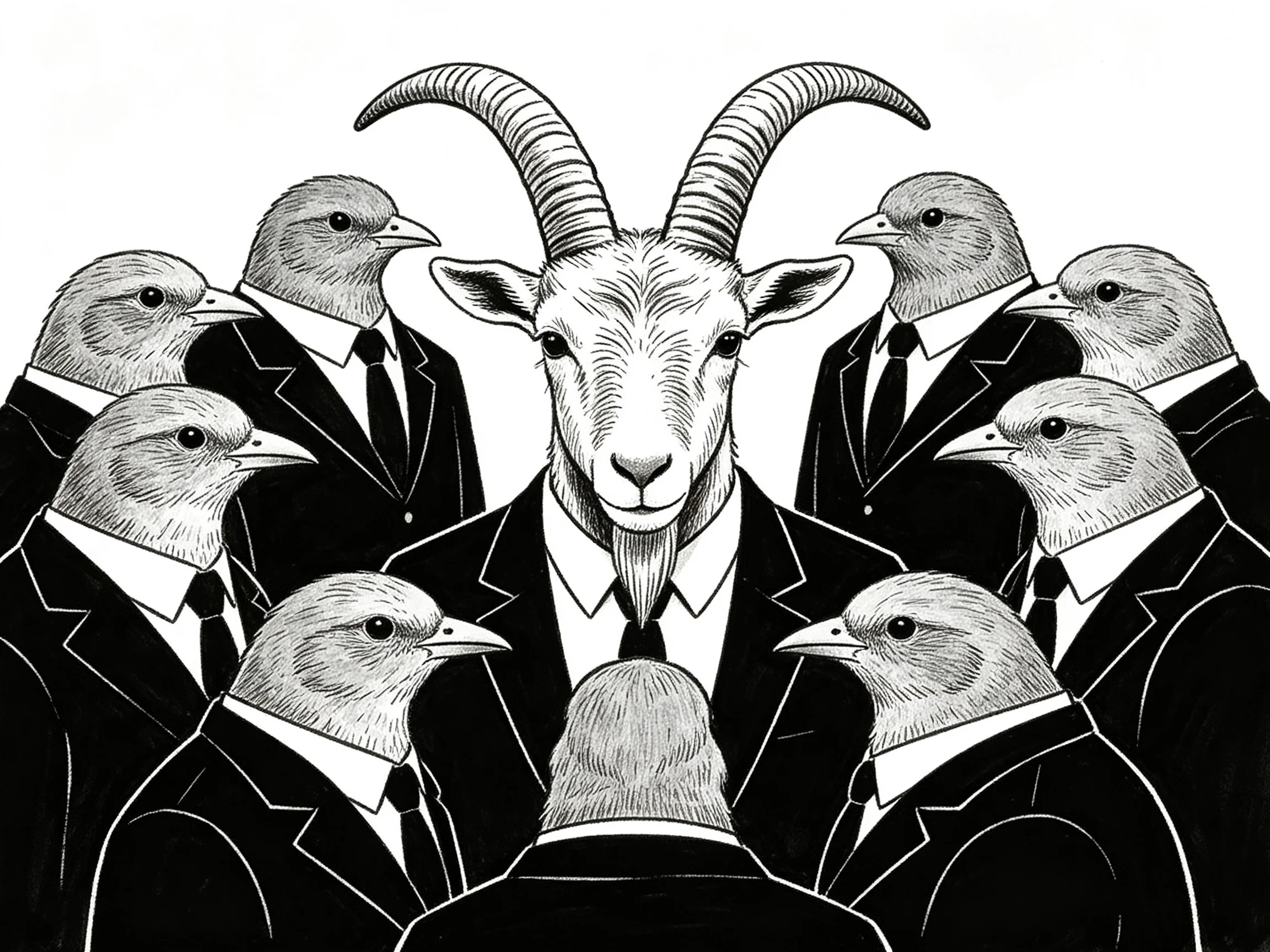 A goat in a suit surrounded by bird-suited figures
